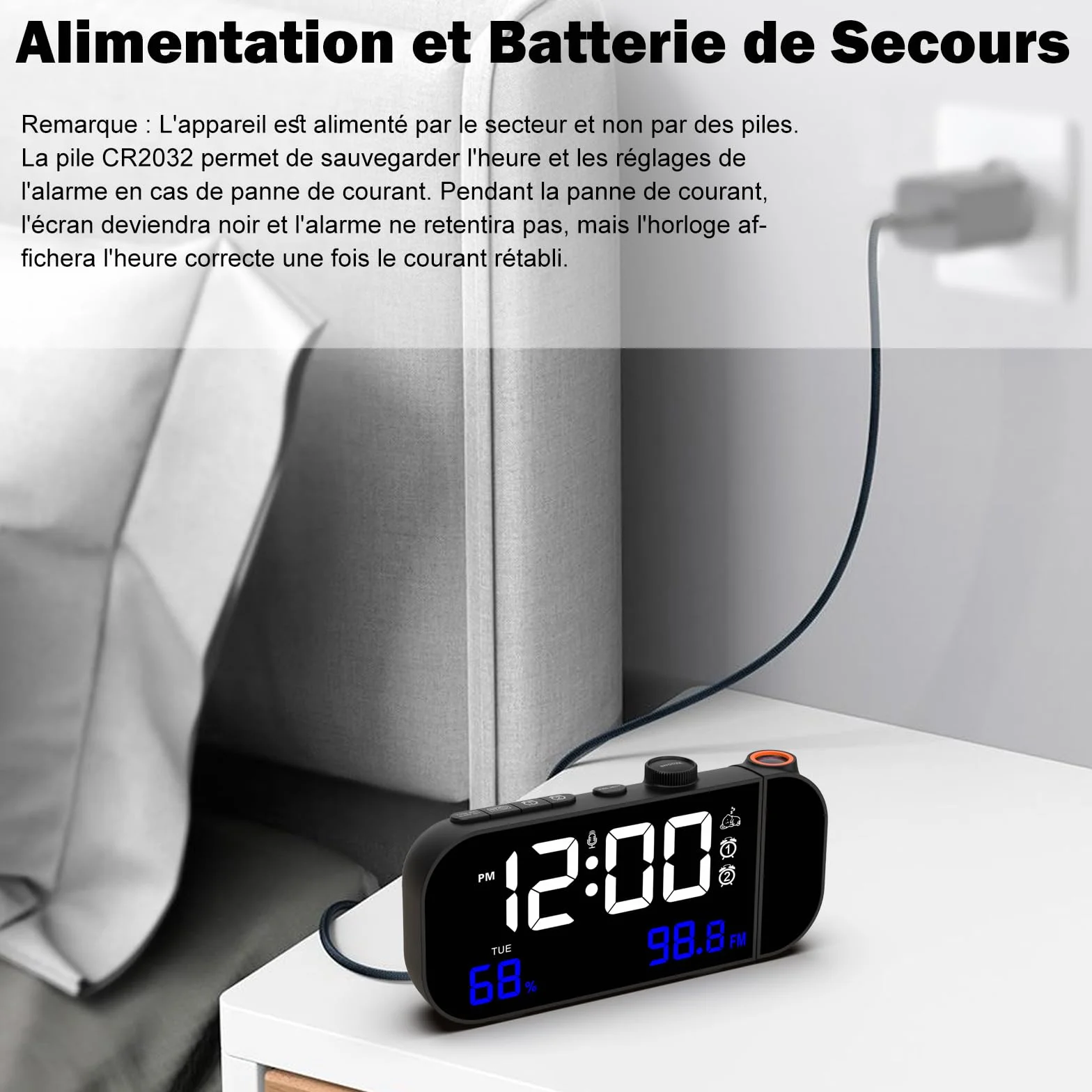 Radio Réveil Numérique avec Projecteur Plafond, Température et Humidité, Double Réveil Snooze, Charge USB - Blanc