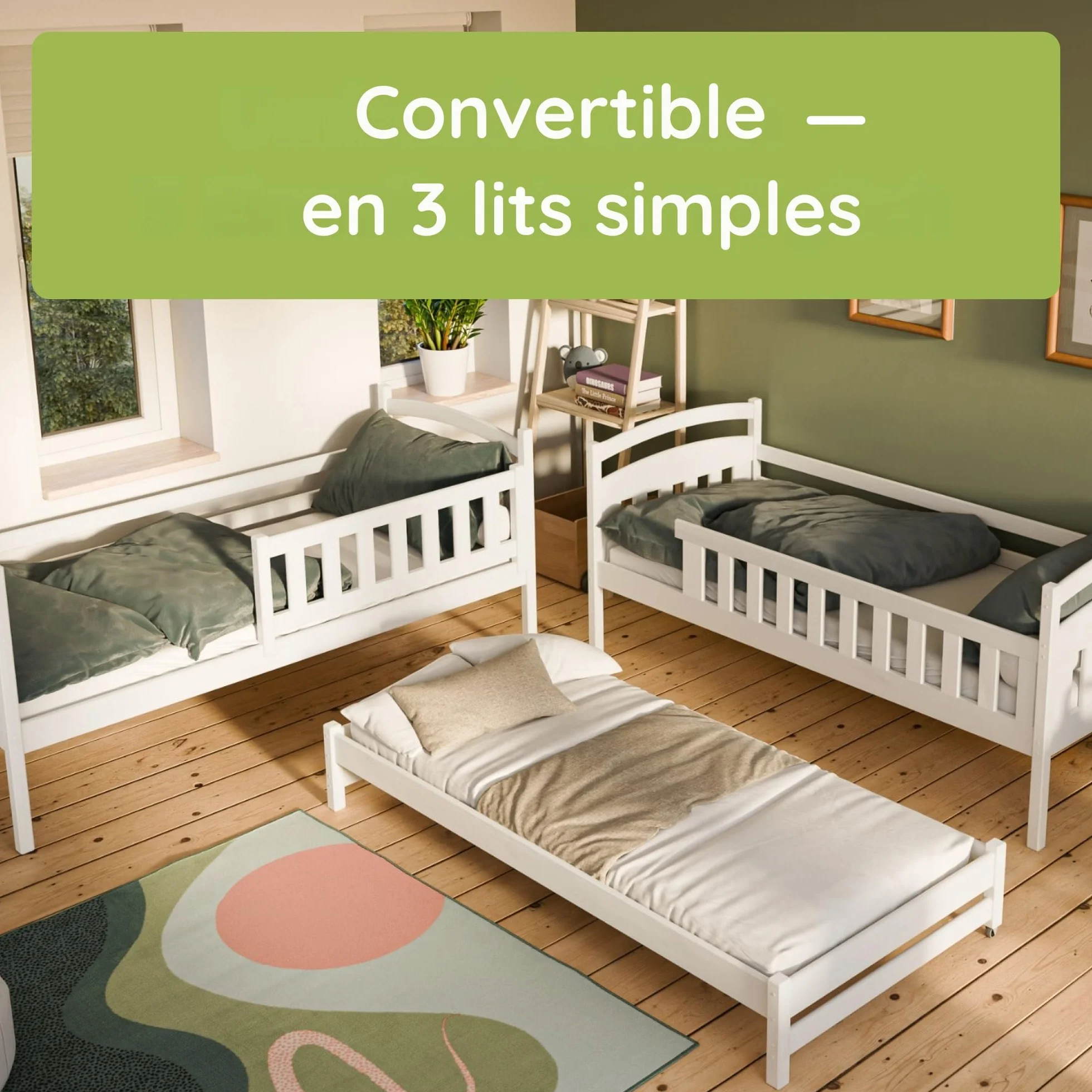Kids Collective Lit superposé 90x200 pour Enfants et Adolescents – 3 couchages avec barrière de sécurité et tiroirs, Convertible en 3 Lits Simples | de 4 à 16 Ans | sommiers Inclus | Blanc