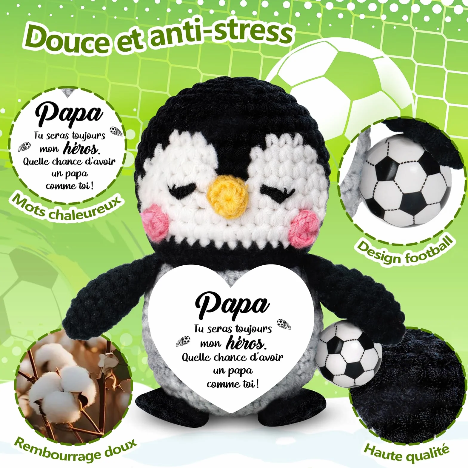 Figurine Manchot au Football Tricotée à la Main Cadeau Papa Fête des Pères