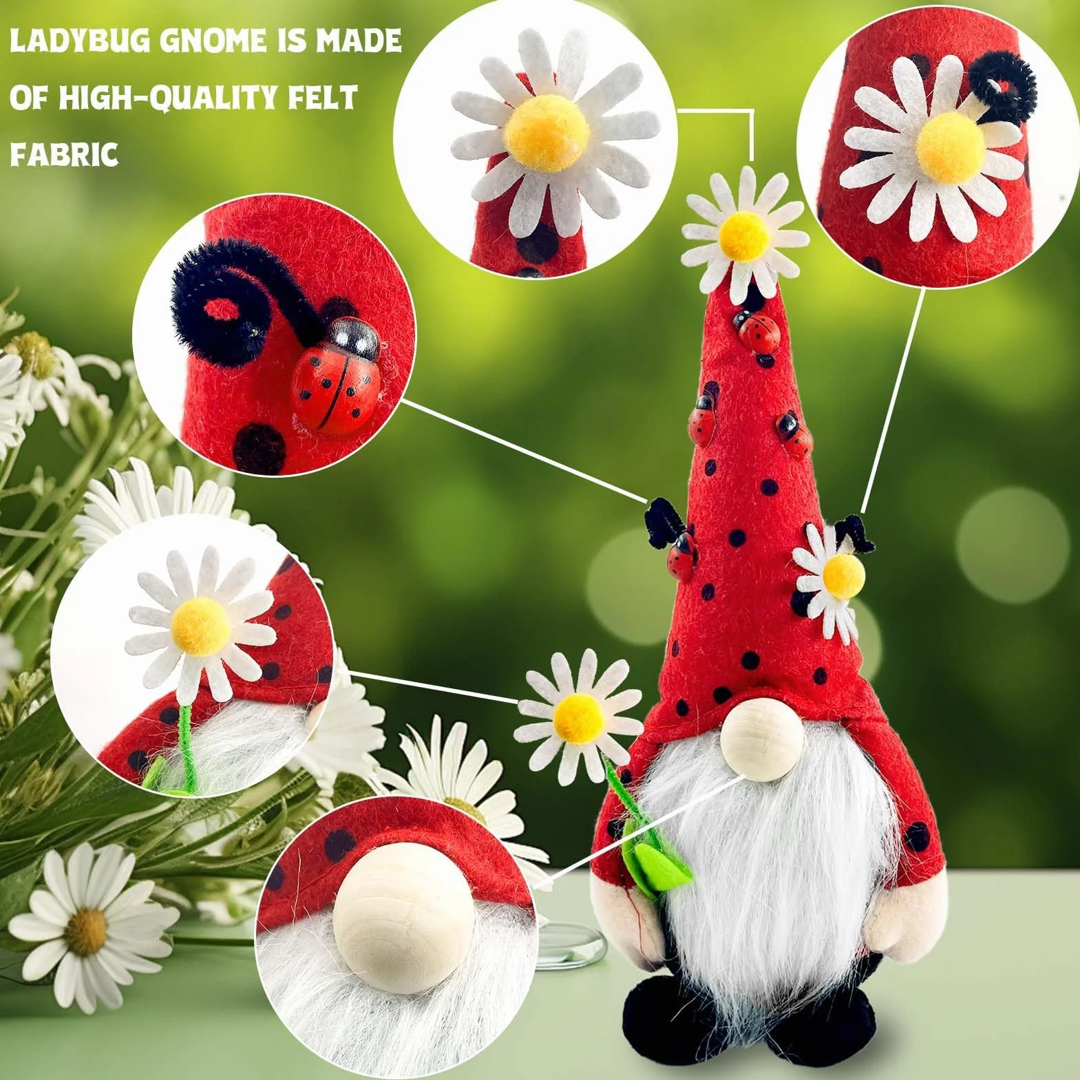 Lutin de Printemps Nain de Coccinelle Décoration Printemps Poupée Naine en Peluche sans Visage Faite à la Main