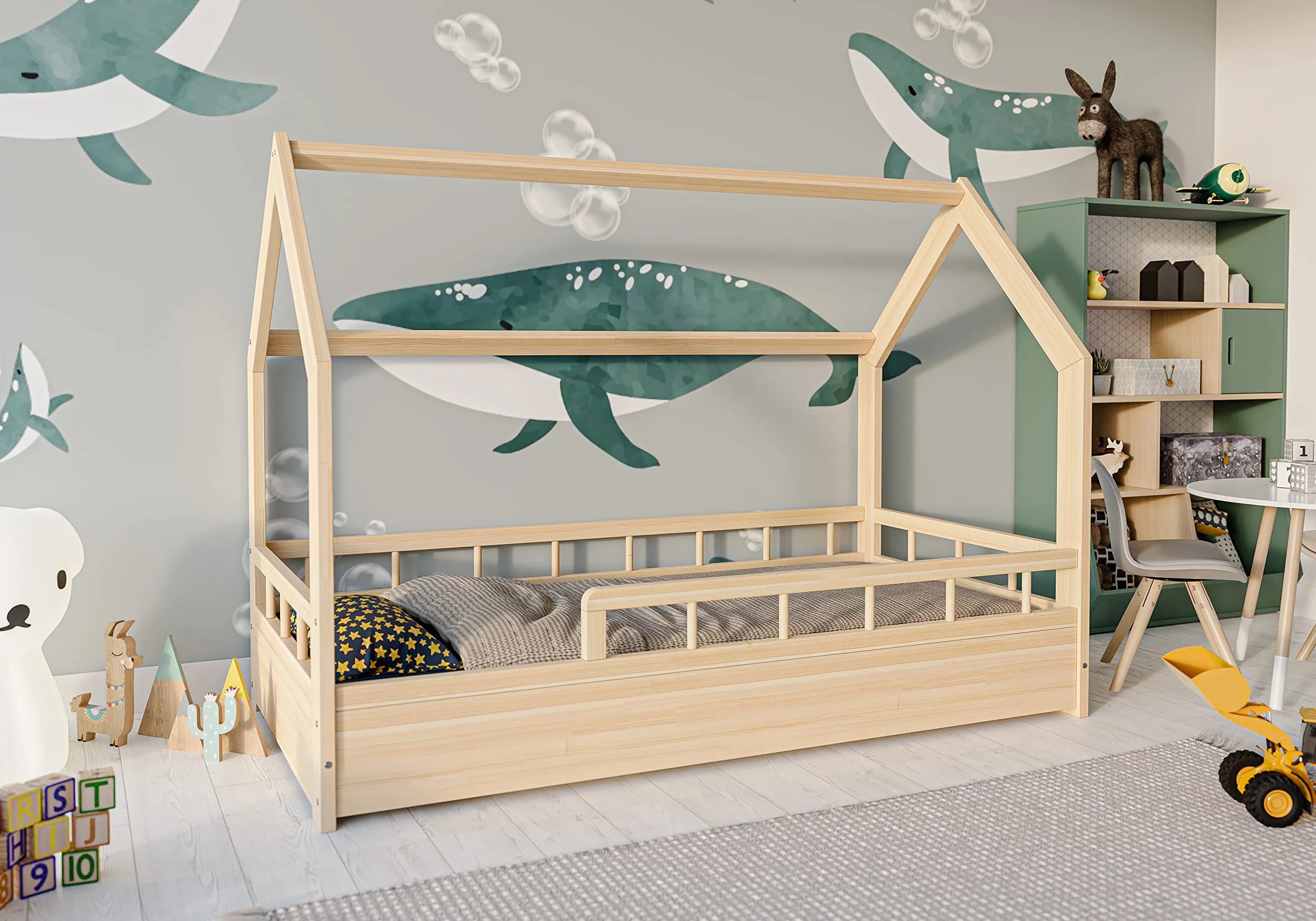 MS FACTORY Lit Enfant Bébé Maison 70x140 cm - Lit en Massif Cabane avec Protection Anti-retombée, Barrière Sécurité - Style Scandinave Montessori - Bois Demi-barrières