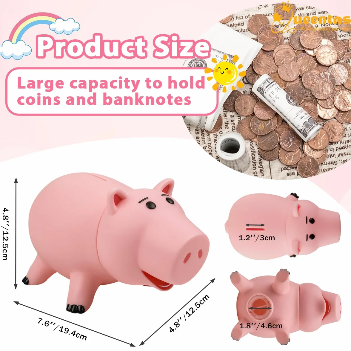 Queentas Tirelire Enfant Toy Story Hamm Tirelires décoratives Billet et Piece Cadeau Garcon Fille Rose