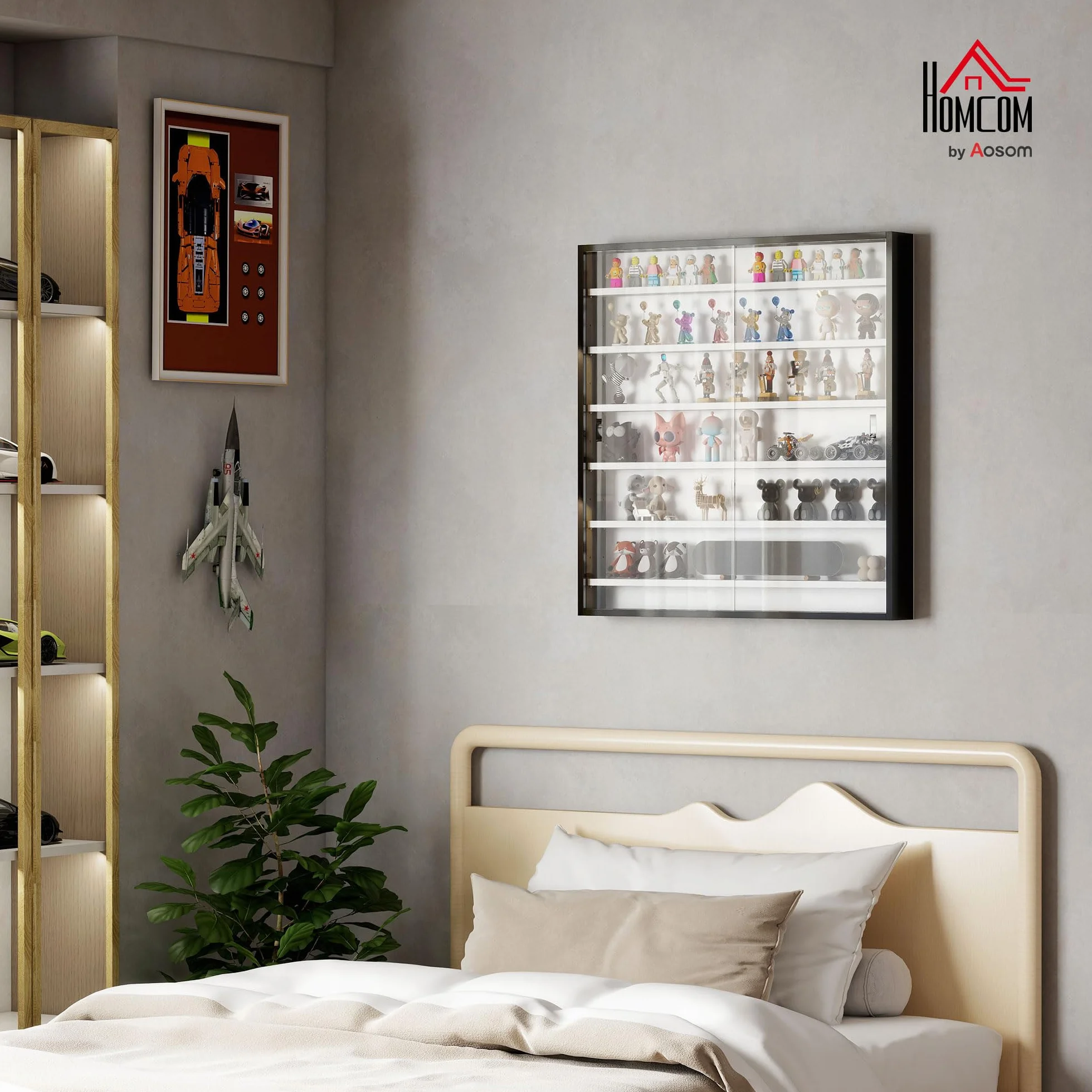 HOMCOM Vitrine pour Collection vitrine Murale 80 x 9,5 x 83 cm avec 6 étagères réglables en Hauteur et 2 Portes coulissantes en Verre, pour Collection de Figurines et Voitures Miniatures, Noir