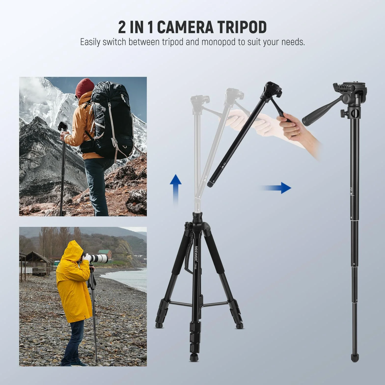 NEEWER BASICS TP05 188.0 cm statyw wideo monopod, 3-kierunkowy uchwyt na telefon z głowicą Pan Tilt, kompatybilny z iPhone DSLR, stojak do nagrywania podróży, uchwyt na kamerę górną, poprzeczkę