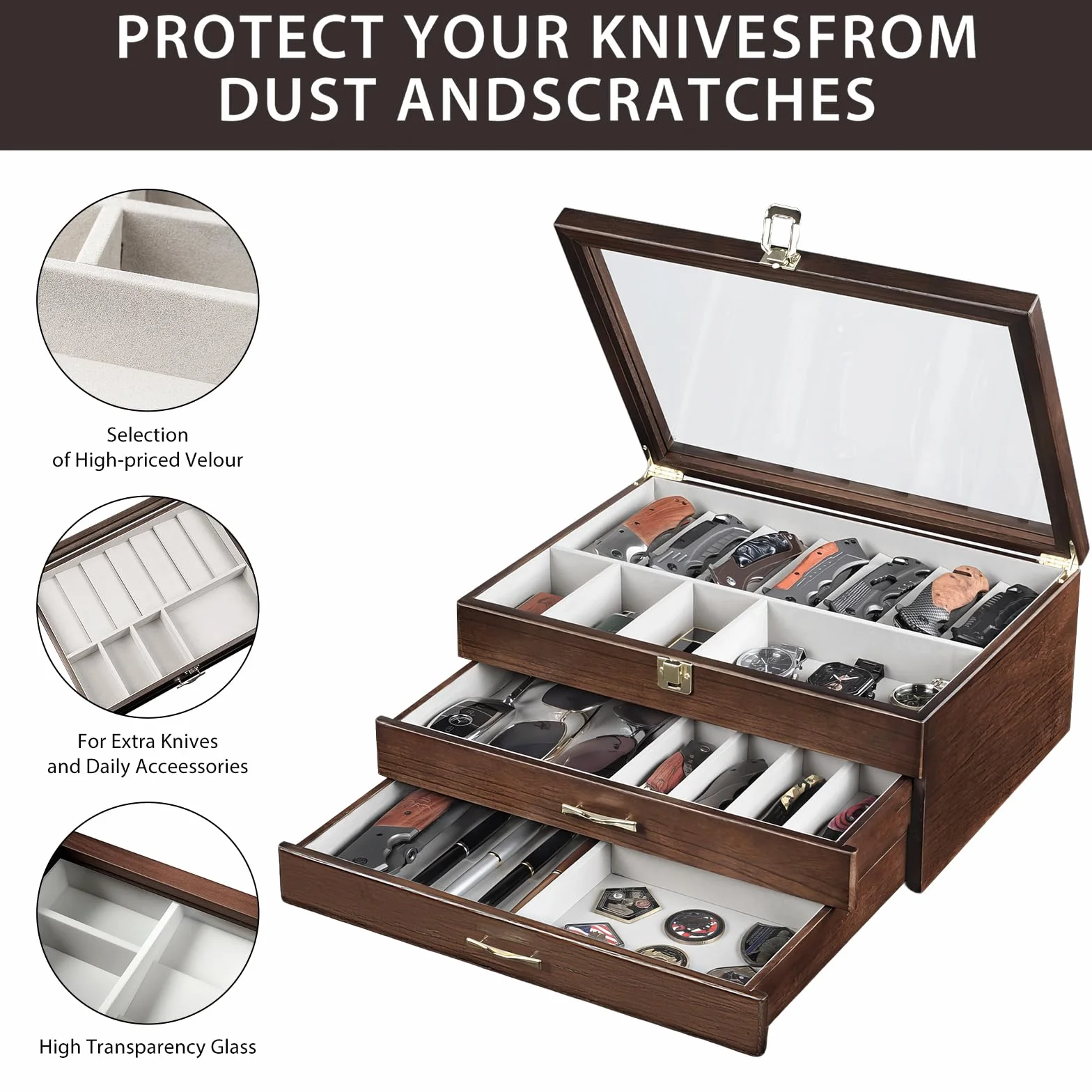 3 Étages Coffret Poignard, Bois Boîte Présentation Poignard pour 30 à 36 Couteaux de Poche, Grande Vitrine à Couteaux avec Vitre Supérieure en Verre Véritable, pour Collection, Cadeau (Noyer)