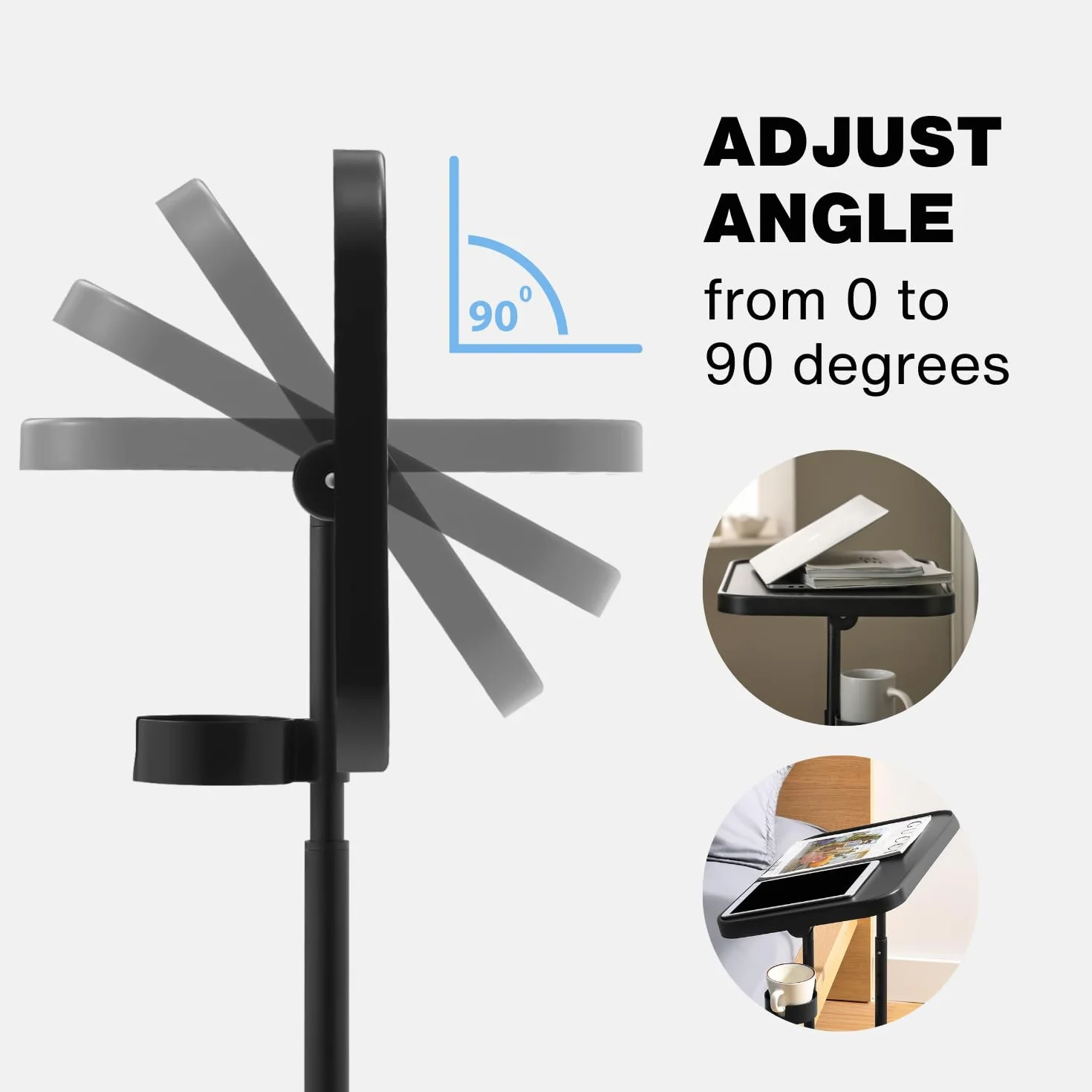 Keepo Plateau TV en métal avec roulettes/roulettes, table d'appoint, plateau de repas réglable, table pour ordinateur portable pliable avec 3 hauteurs, angle d'inclinaison de 0 à 90 degrés, portable