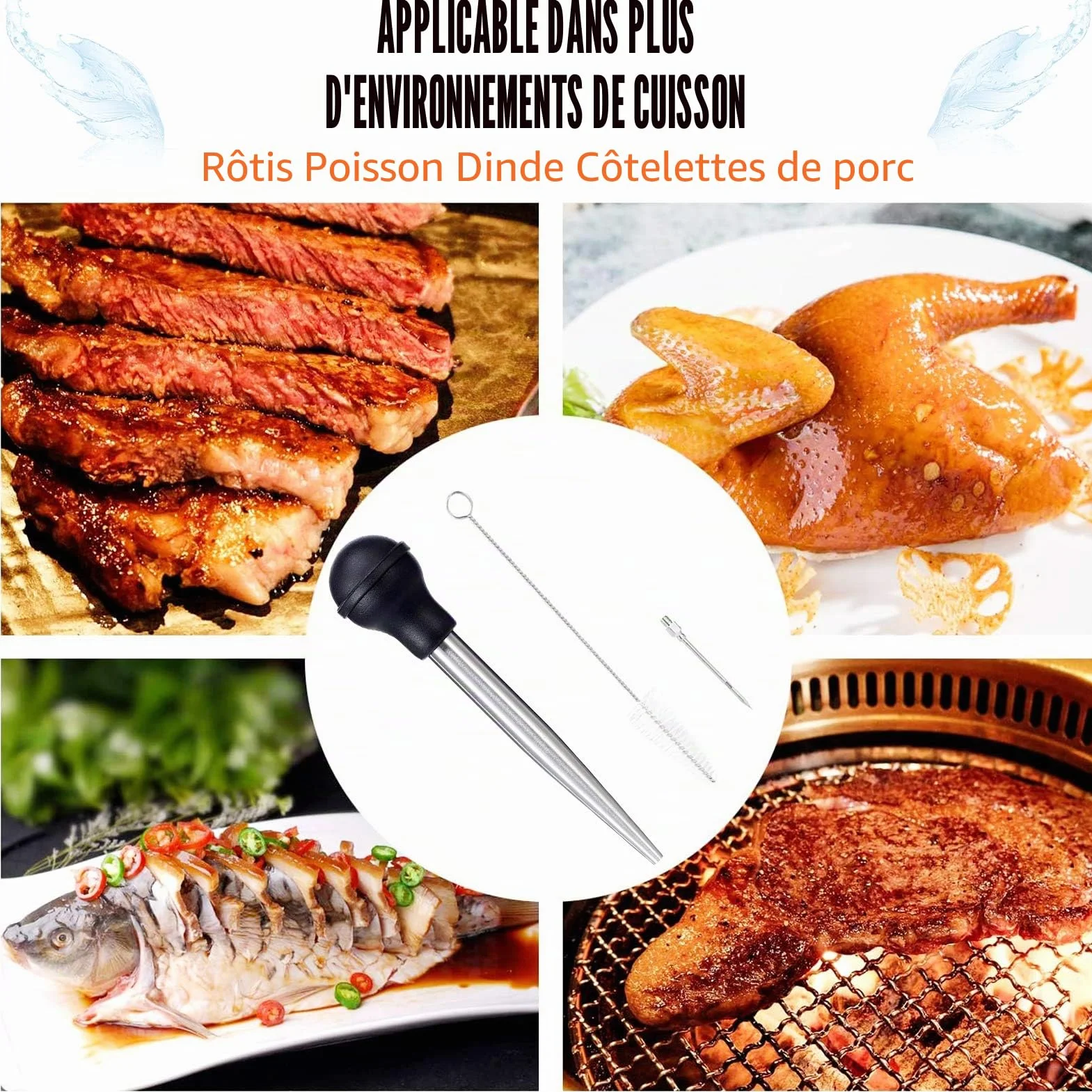 Poire à jus en Acier Inoxydable 304 avec Injecteur de Marinade et Brosse à Huile