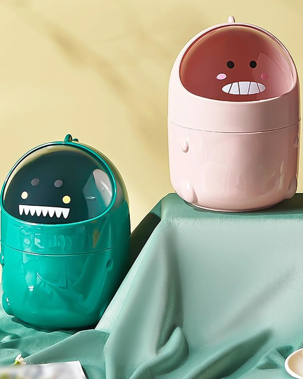 Mini poubelle de table motif dinosaure - Corbeille à papier kawaii - Boîte de rangement bureau vert