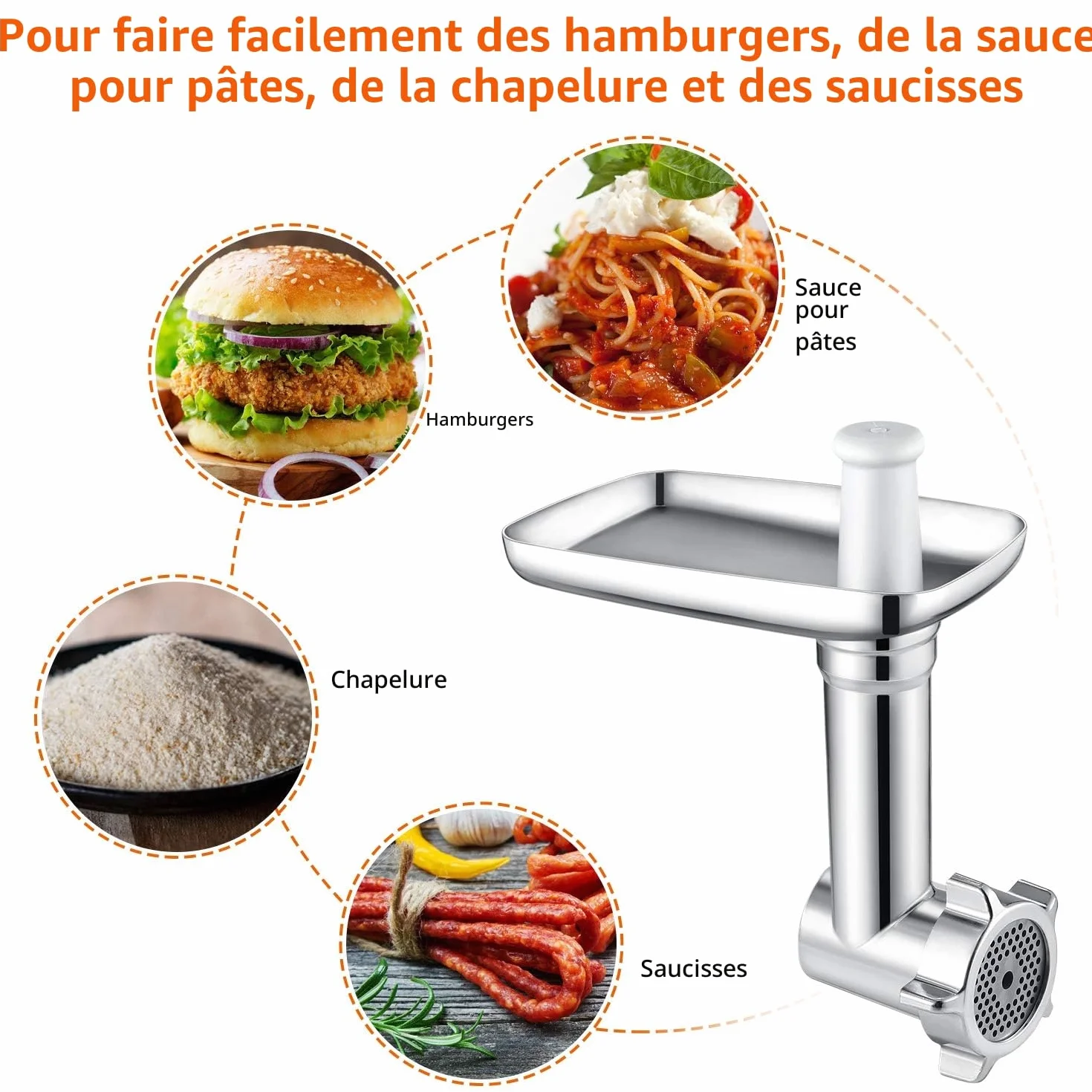 Hachoir à viande en métal avec poussoir et 3 tubes à farcir pour saucisses, extension durable compatible avec tous les modèles KitchenAid