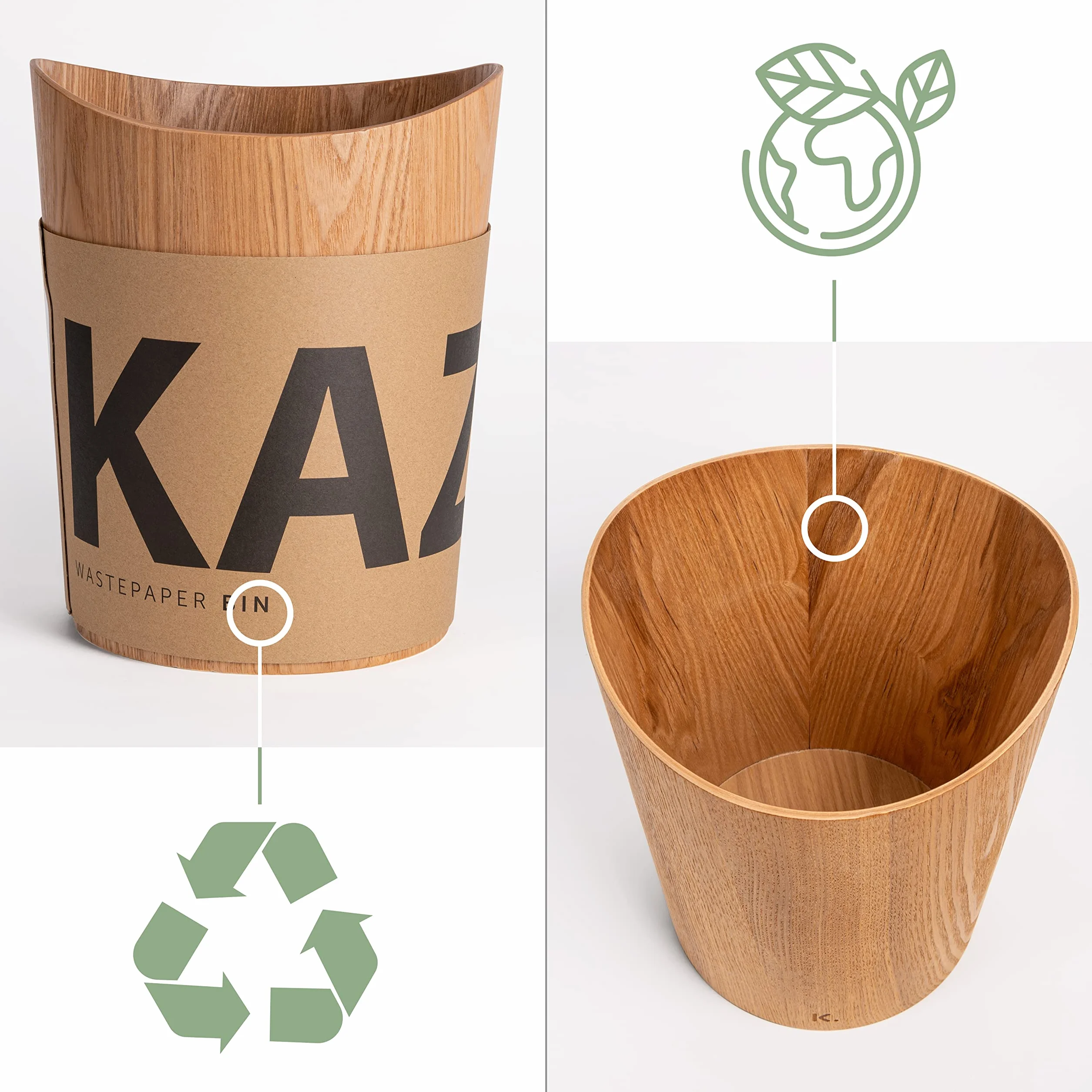 Corbeille à papier en bois véritable Börje 9 litres Frêne