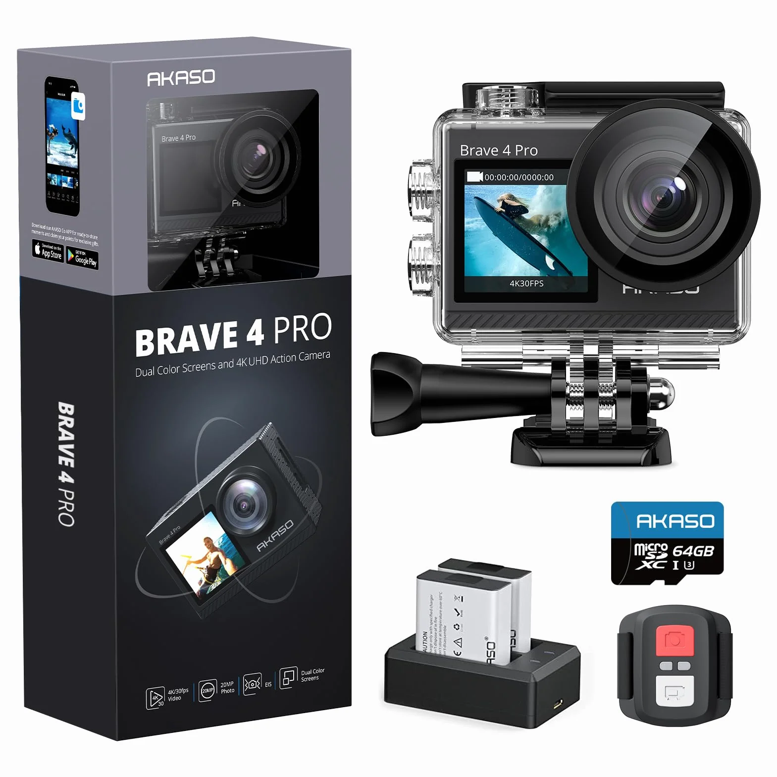 AKASO Brave 4 Pro Action Cam 4K30FPS 20MP z kartą pamięci U3 o pojemności 40 m, ekran dotykowy Ultra HD, szeroki kąt widzenia 170°, stabilizacja EIS, zoom 5x, pilot zdalnego sterowania 2,4 G i 2