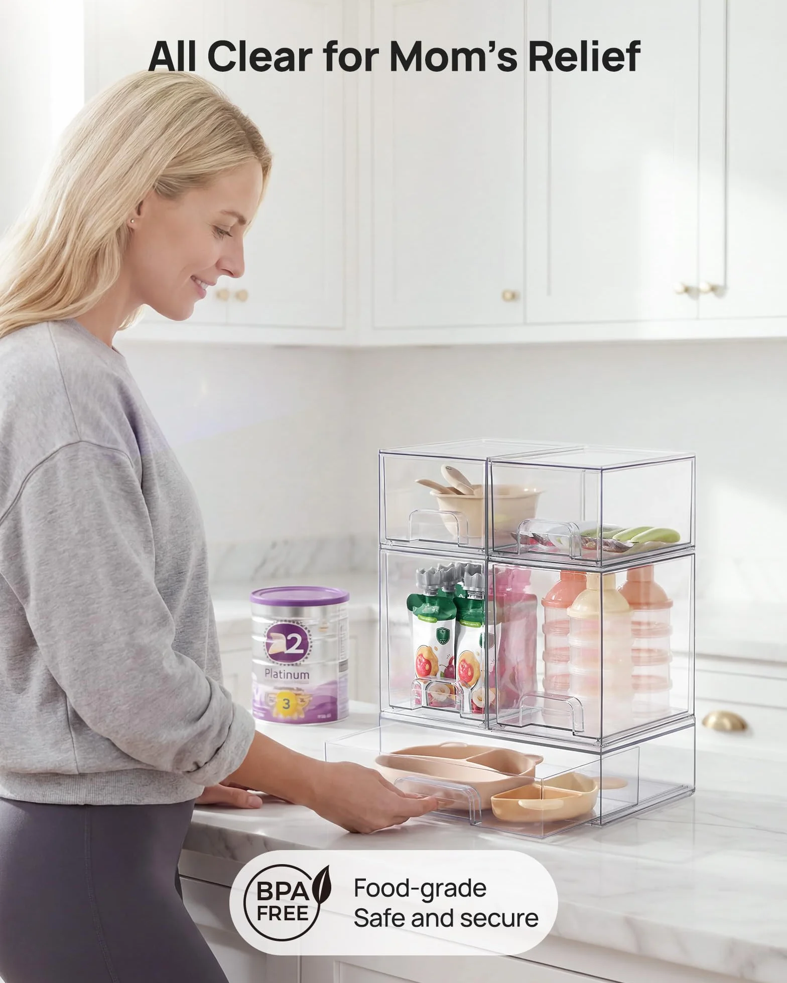 Vtopmart – Lot de 5 tiroirs de rangement empilables, bacs de rangement en plastique transparent pour biberons de bébé, produits de beauté, idéal pour le comptoir de cuisine, vanité, salle de bain
