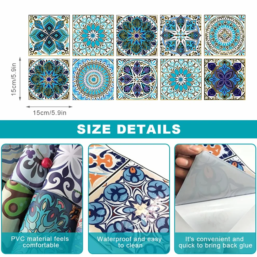 Autocollants Carrelage Salle de Bain Cuisine 15x15 cm PVC imperméable Mosaïque Azulejos Bleu