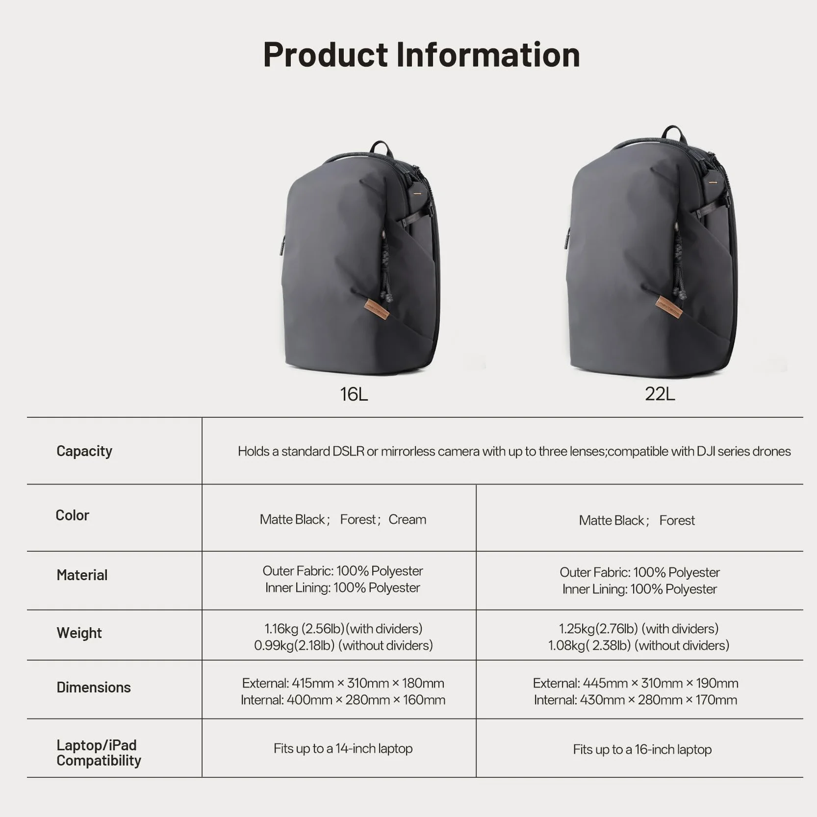 PGYTECH OneGo Lite Plecak na aparat fotograficzny, 16 l, lekki, odporny na działanie wody, plecak dla fotografki do miasta i podróży, torba na aparat fotograficzny, kompatybilny z lustrzankami Sony