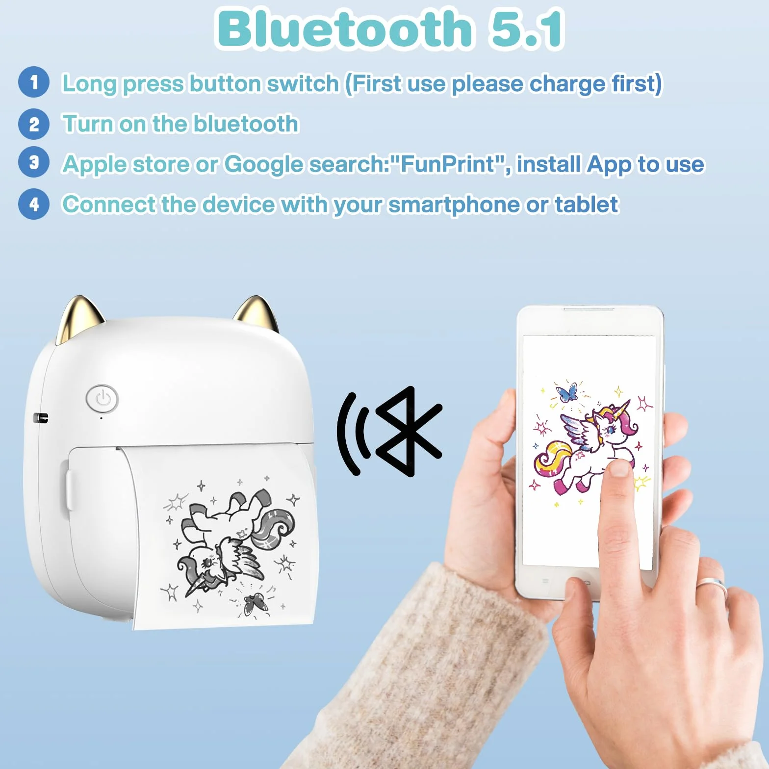 Mini Imprimante Thermique Portable Bluetooth pour iOS Android, 14 Rouleaux Papier, Étiquettes, Images, Blanc