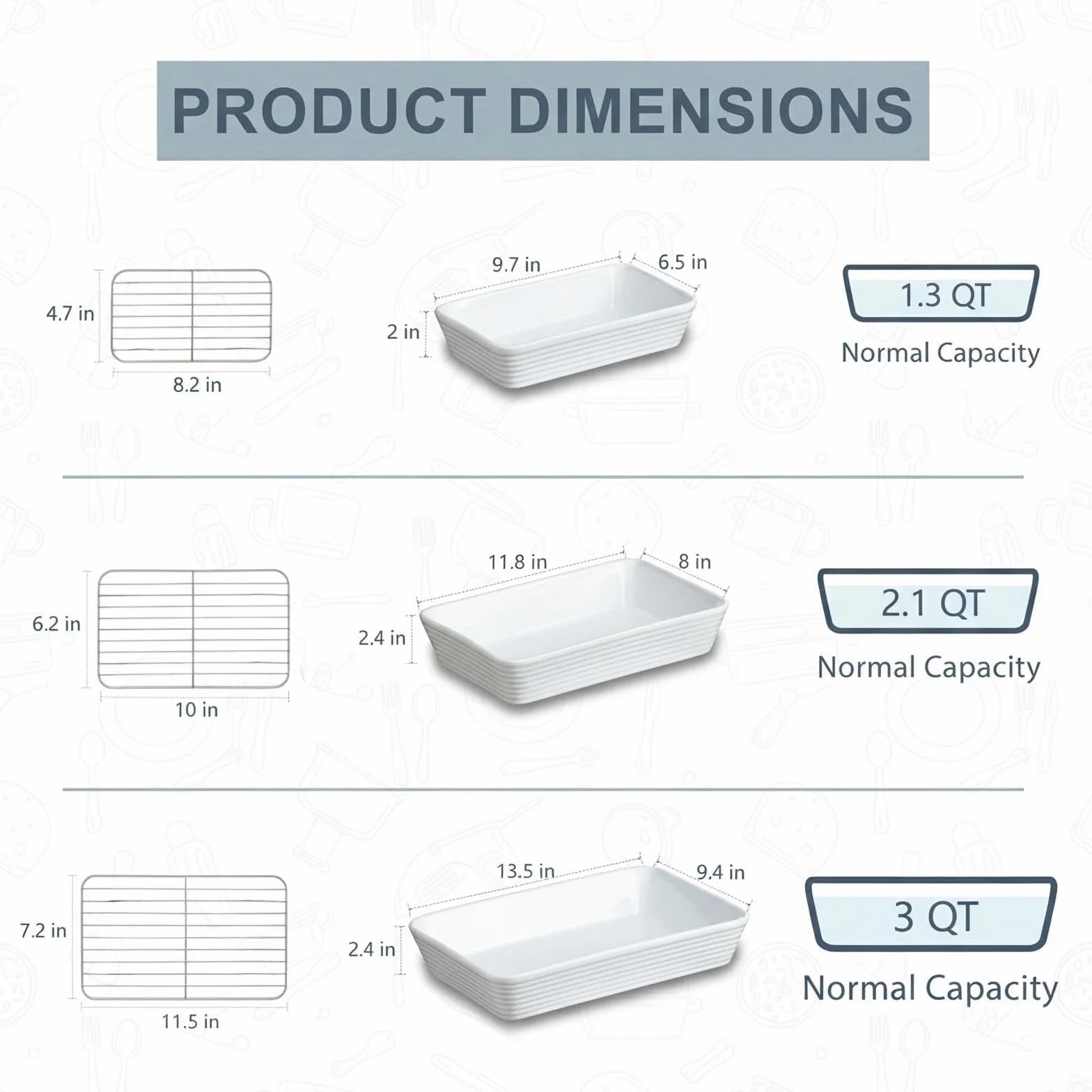 ONEMORE Set de 3 Plats à Four en Céramique avec Support | Formes Rectangulaires pour Lasagne, Tiramisu, Gratins et Préparation de Pâtisseries | 3 Tailles Incluses : 2,8 L, 2 L et 1,2 L