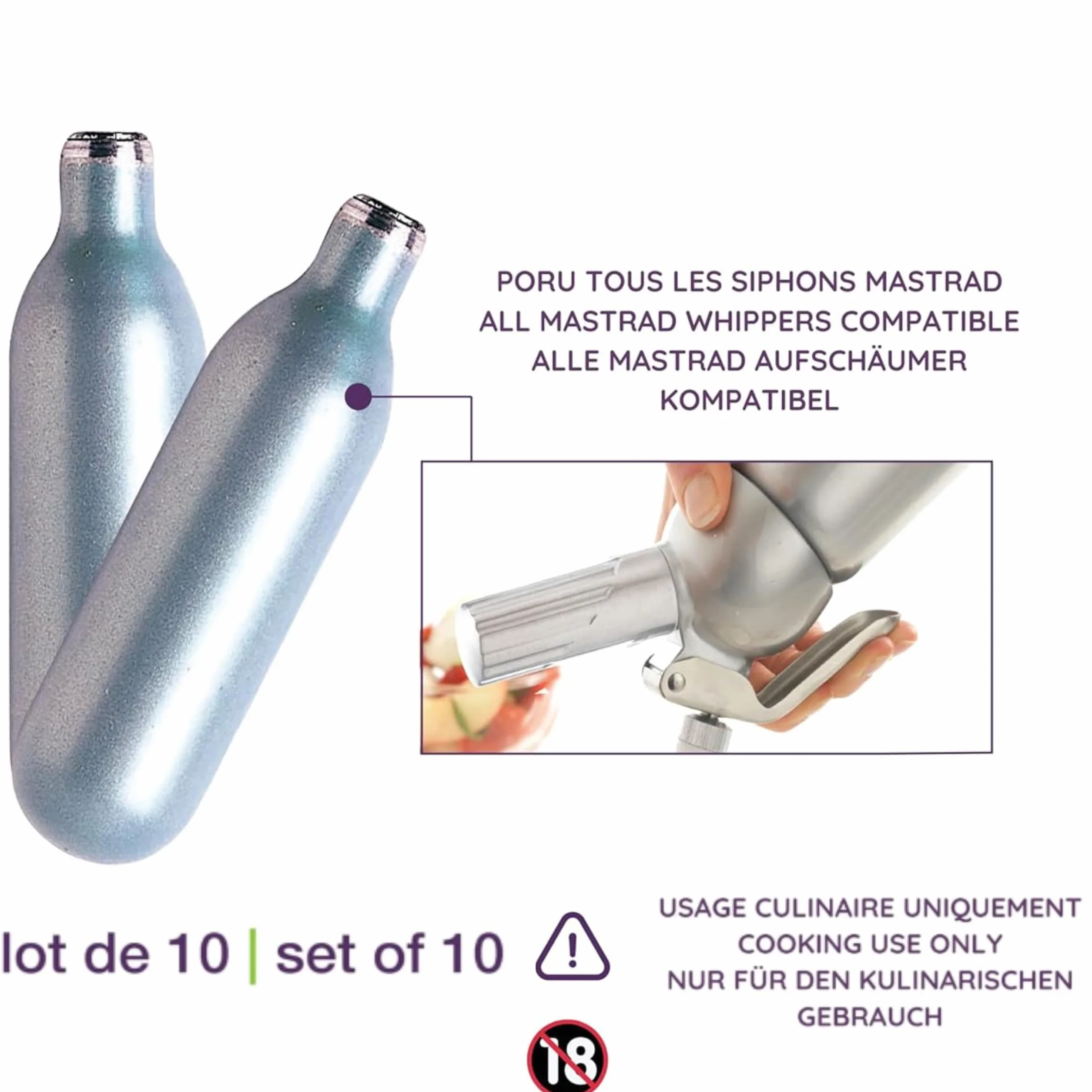 MASTRAD Cartouches N₂O Siphon Chantilly Lot de 10 Acier Haute Qualité Compatible Tous Siphons Standard