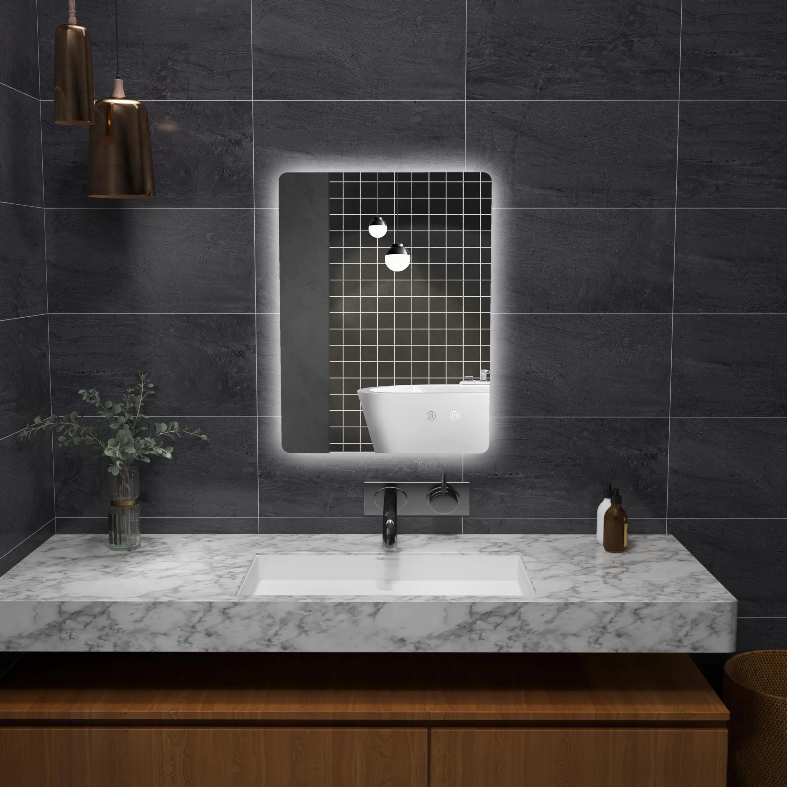 kleankin Miroir rectangulaire Mural Lumineux LED de Salle de Bain - 80 x 60 cm - 3 Couleurs, luminosité réglable Interrupteur Tactile système antibuée Blanc Transparent