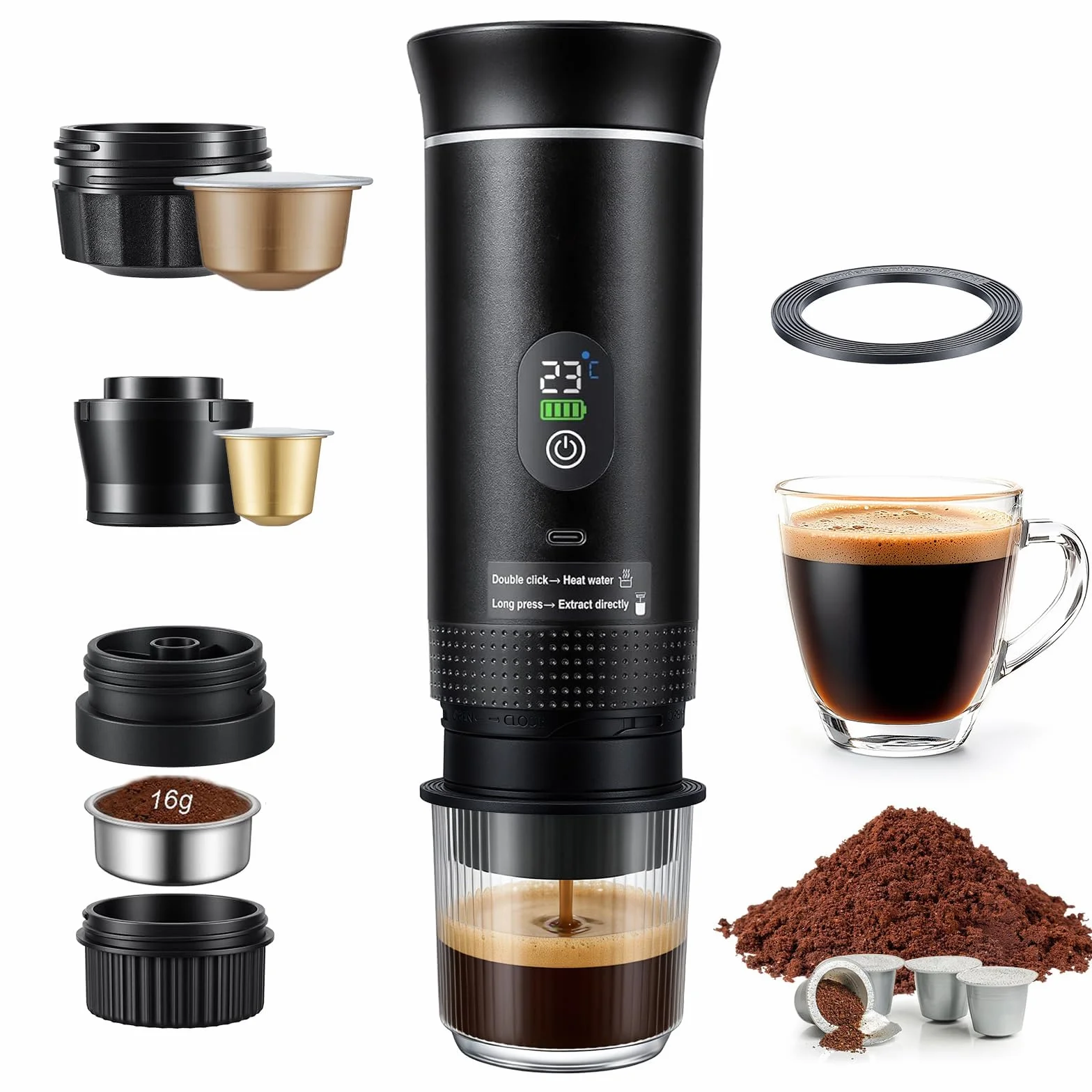 Machine a Cafe Portable 20 Bar, 3 en 1 Machine a Café Portable Cafetiere Portable Rechargeable Compatible avec Capsules, Café Moul, Machine Expresso Portable Nespresso pour Camping, Voyage