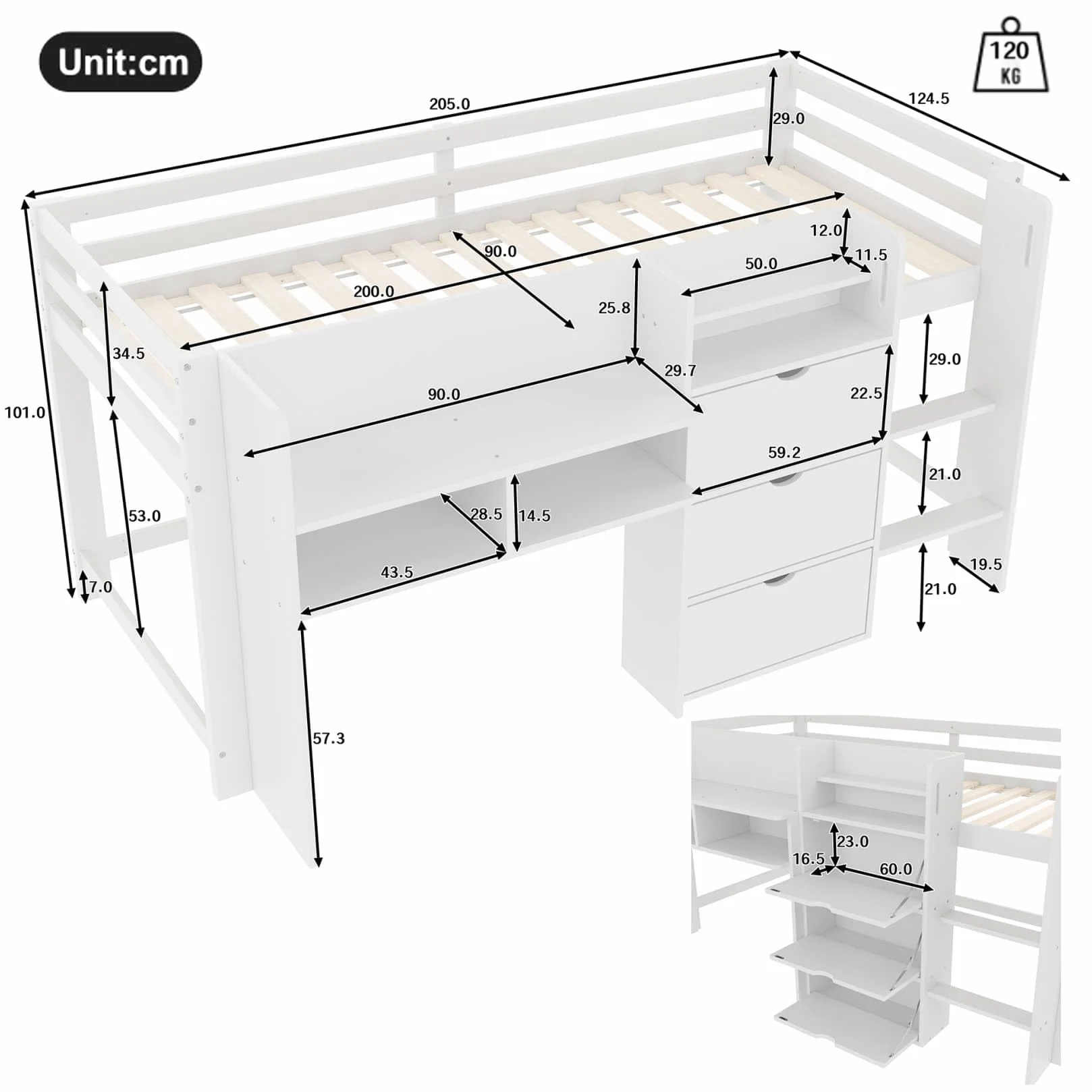 Lit Enfants Mi Hauteur 90x200,Lit Mezzanine 1 Place avec 3 Armoires,étagères Ouvertes,Haute Barrière,Sommier à Lattes Robuste,pour Enfants (A-Blanc)