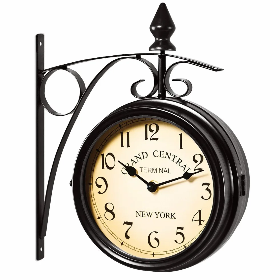 Monzana Horloge Murale Double Face Silencieuse Vintage New-Yorkaise Grand Central Métallique Noir