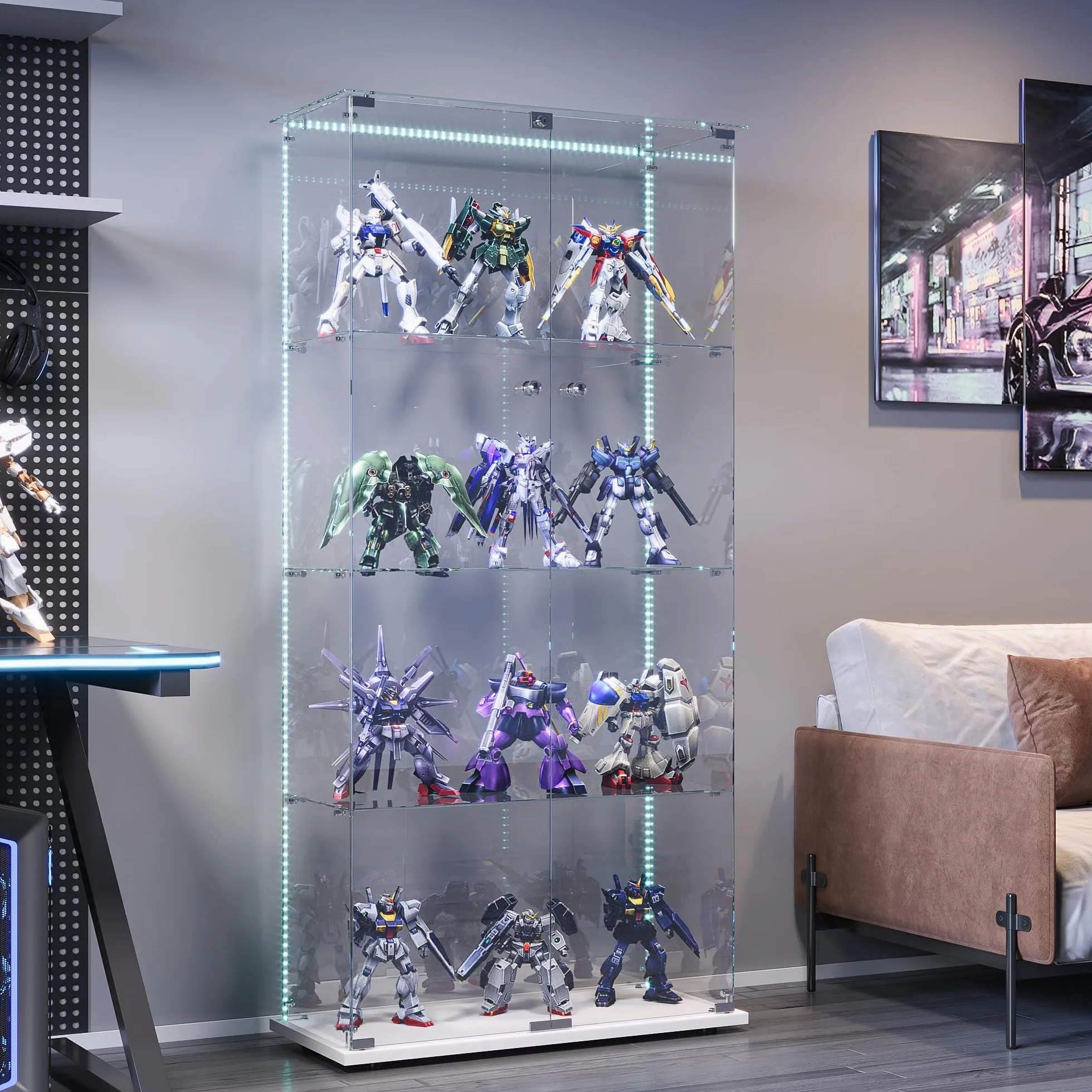 Vitrine en Verre à 2 Portes avec LED, Armoire de Présentation Moderne avec Serrure, Étagères de Rangement, Meuble Vitrine pour Salon, Chambre ou Bureau (Blanc L, 4 étages)