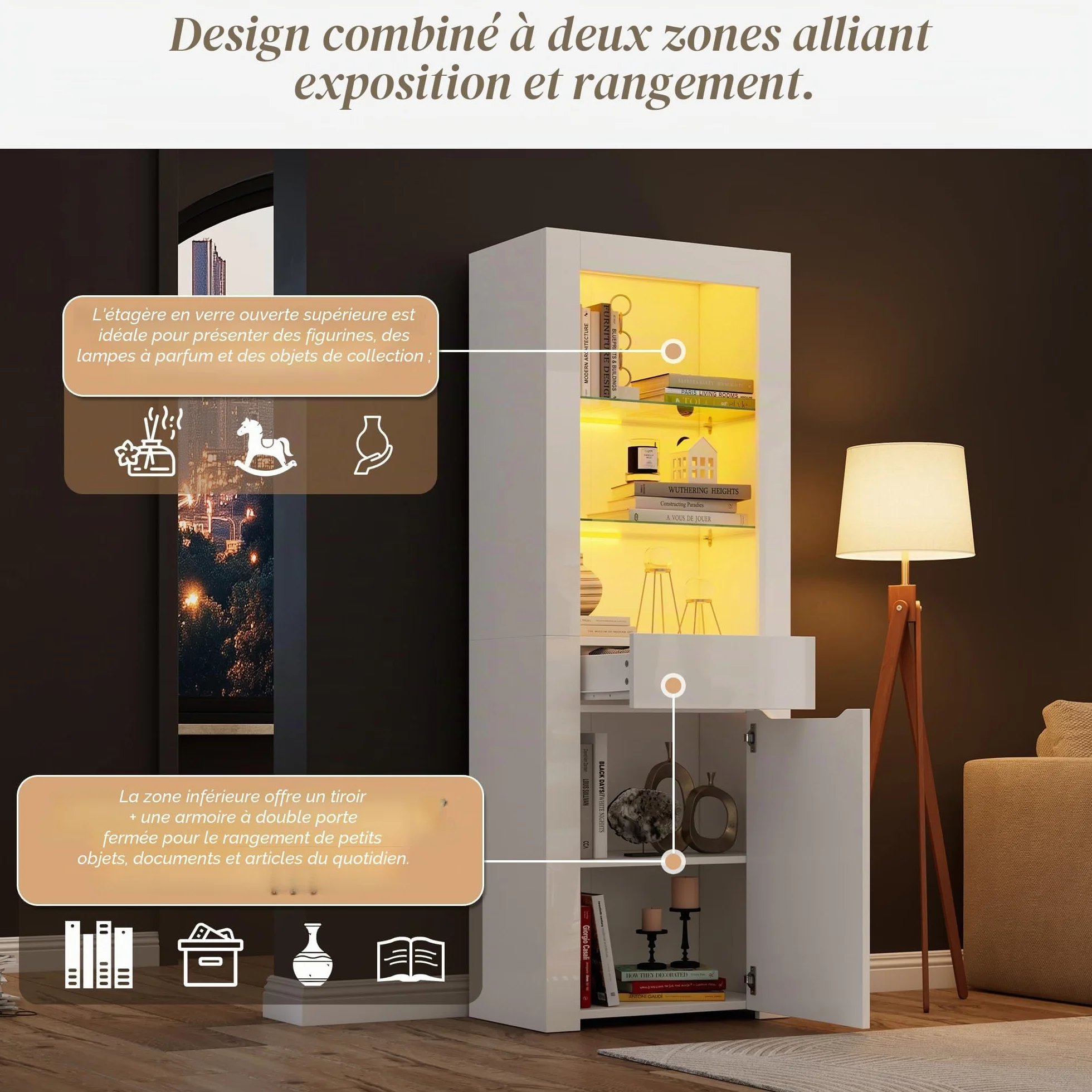 Merax Vitrine LED - Armoire 1 porte 1 tiroir - Vitrage spacieux - Meuble moderne - Salon/Bureau/Salle à manger - Blanc