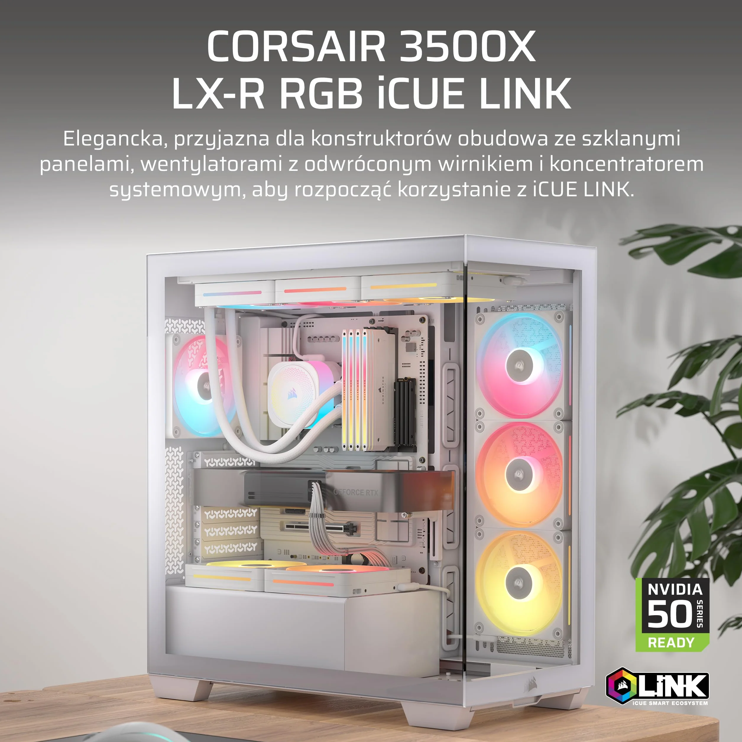 CORSAIR 3500X LX-R RGB iCUE LINK Obudowa PC Mid-Tower - 3 x wstępnie zainstalowane wentylatory LX120-R RGB, zawiera koncentrator systemu iCUE LINK, ramię zapobiegające zwisaniu GPU, pasuje do