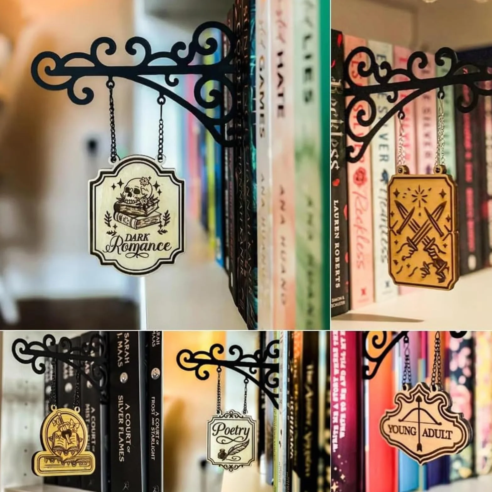 Book Nook Tavern Panneaux – Étiquettes de Genre Artisanales avec Supports Suspendus, Décoration de Bibliothèque