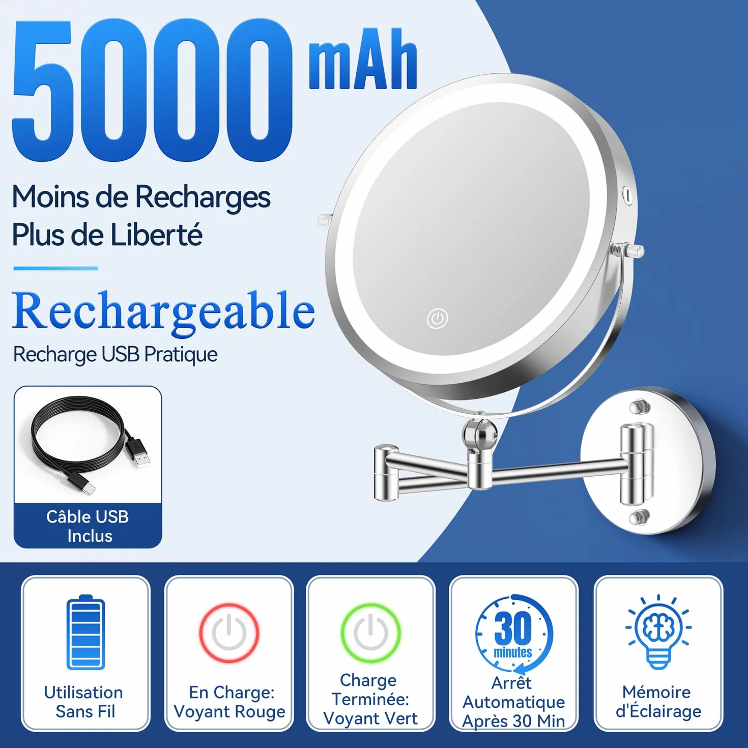Auxmir 9" Miroir Grossissant Mural Rechargeable 5000 mAh, Miroir Grossissant x30 Réglable en Hauteur et Rotatif 360° pour Soins du Visage et Rasage pour Toute la Famille, Salles de Bain et Hôtels