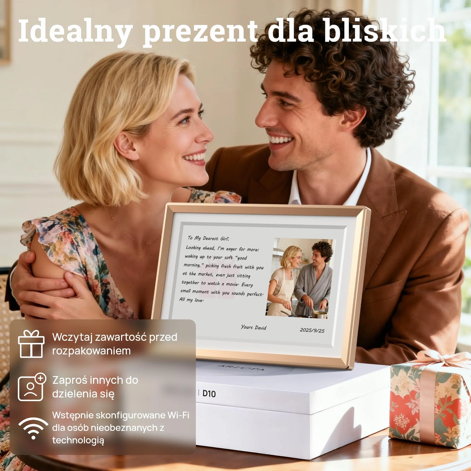 ARZOPA Cyfrowa Ramka na Zdjęcia WiFi 10,1" Nielimitowana Chmura Metalowa Ramka Cyfrowa HD IPS Ekran Dotykowy Bez Abonamentu Udostępniaj Zdjęcia/Filmy Zdalnie bez Limitu Idealny na Prezent - D10 GOLD