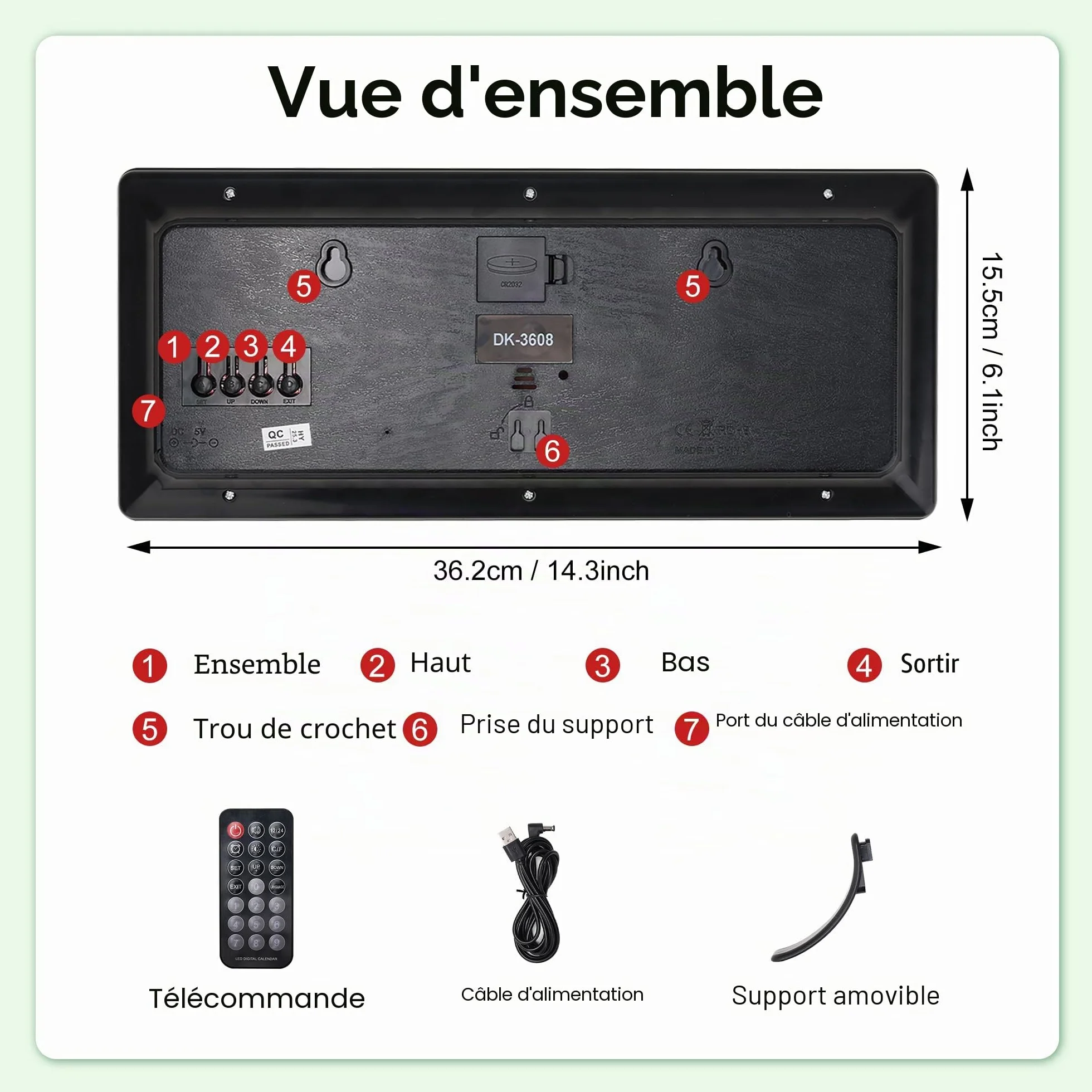 Lafocuse 15.5" LED Horloge Murale Numérique Grande Horloge de Bureau Digitale avec Télécommande