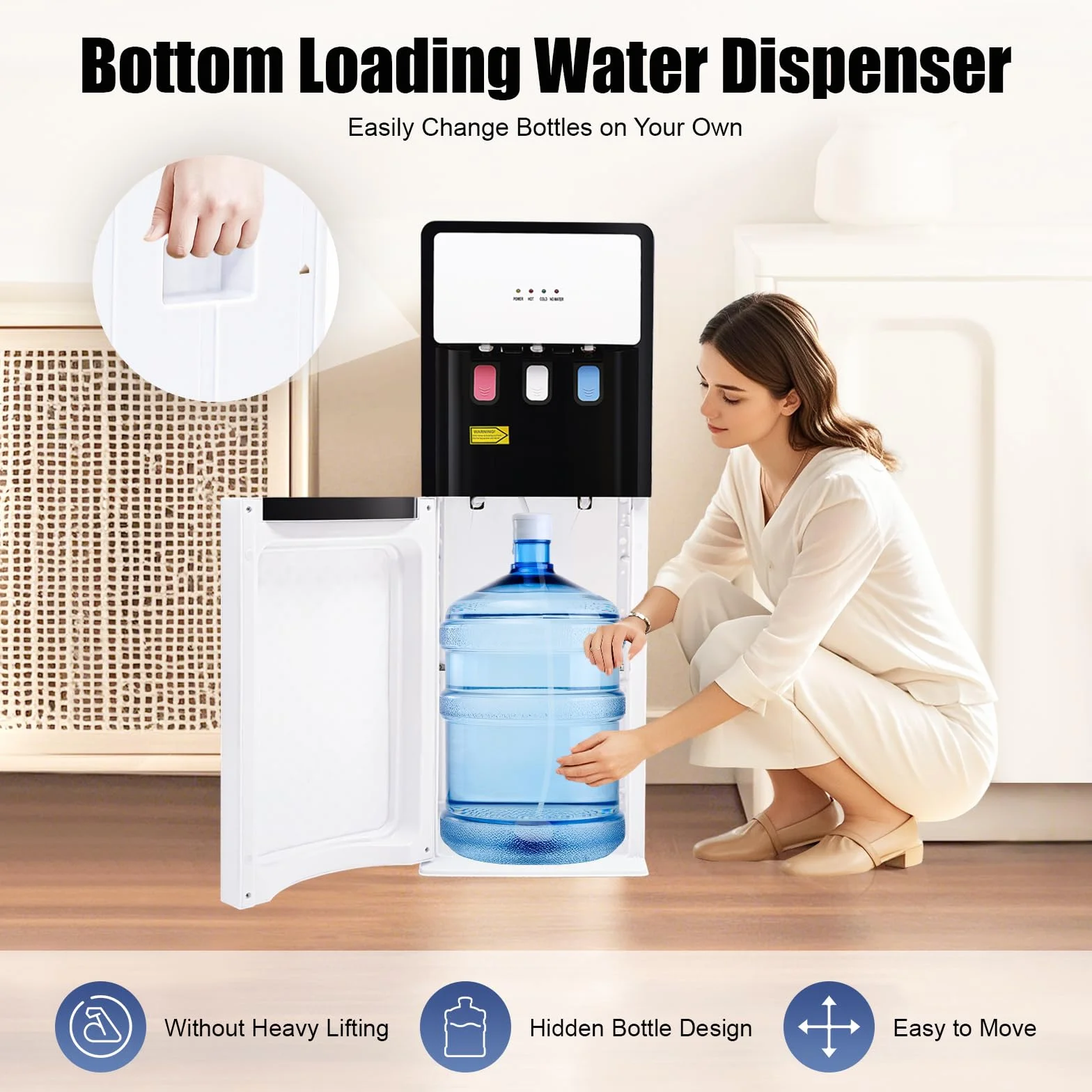 Fontaine à Eau Chaude et Froide, Distributeur d'eau Chargement par Le Bas, sans Soulever, 90W/500W Ultra-Silencieux, Réservoir PP Alimentaire, Idéal pour Bureau, Maison, Crèche - Blanc