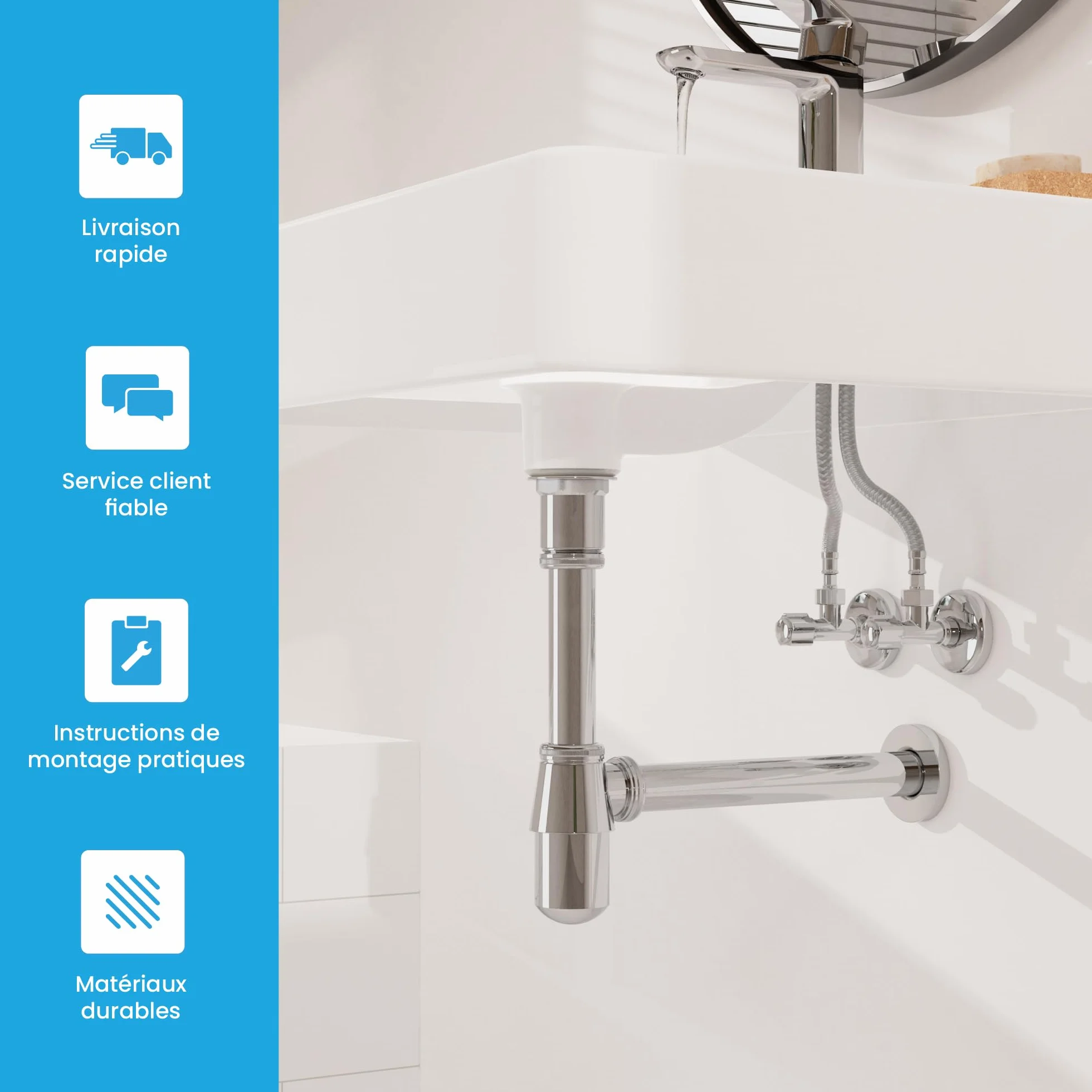 Siphon à Tasse Universel Bächlein pour Lavabos et Éviers, Écoulement à Bouteille Design