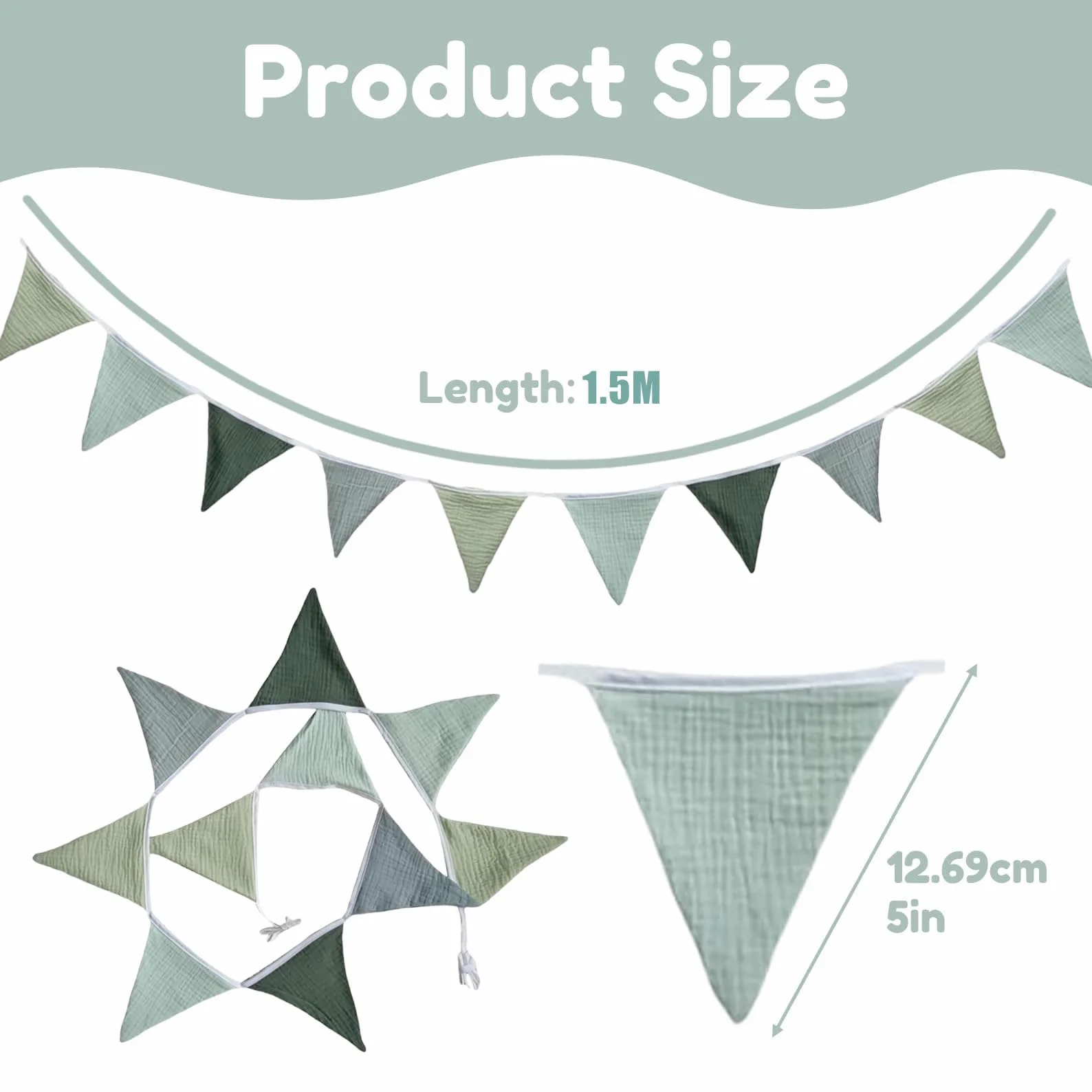Guirlande de Fanions Vert Clair en Coton pour Chambre d'Enfant, Lit Bébé Garçon