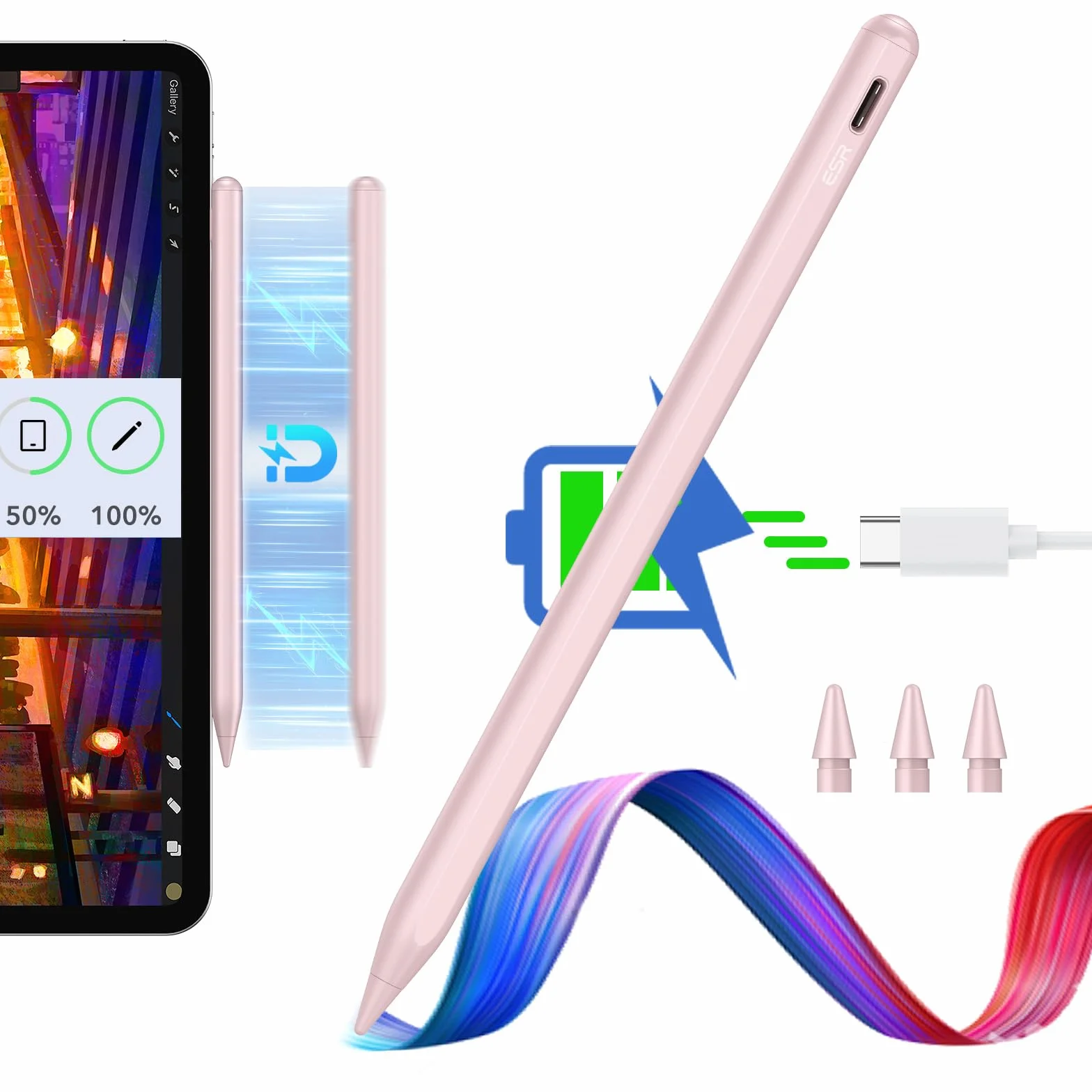 ESR Rysik do iPada, magnetyczny rysik 2. generacji do bezprzewodowego ładowania, z czułością nachylenia i odrzuceniem dłoni do Apple iPad Pro 12.9/11, iPad Air 5/4 i iPad mini 6, różowy