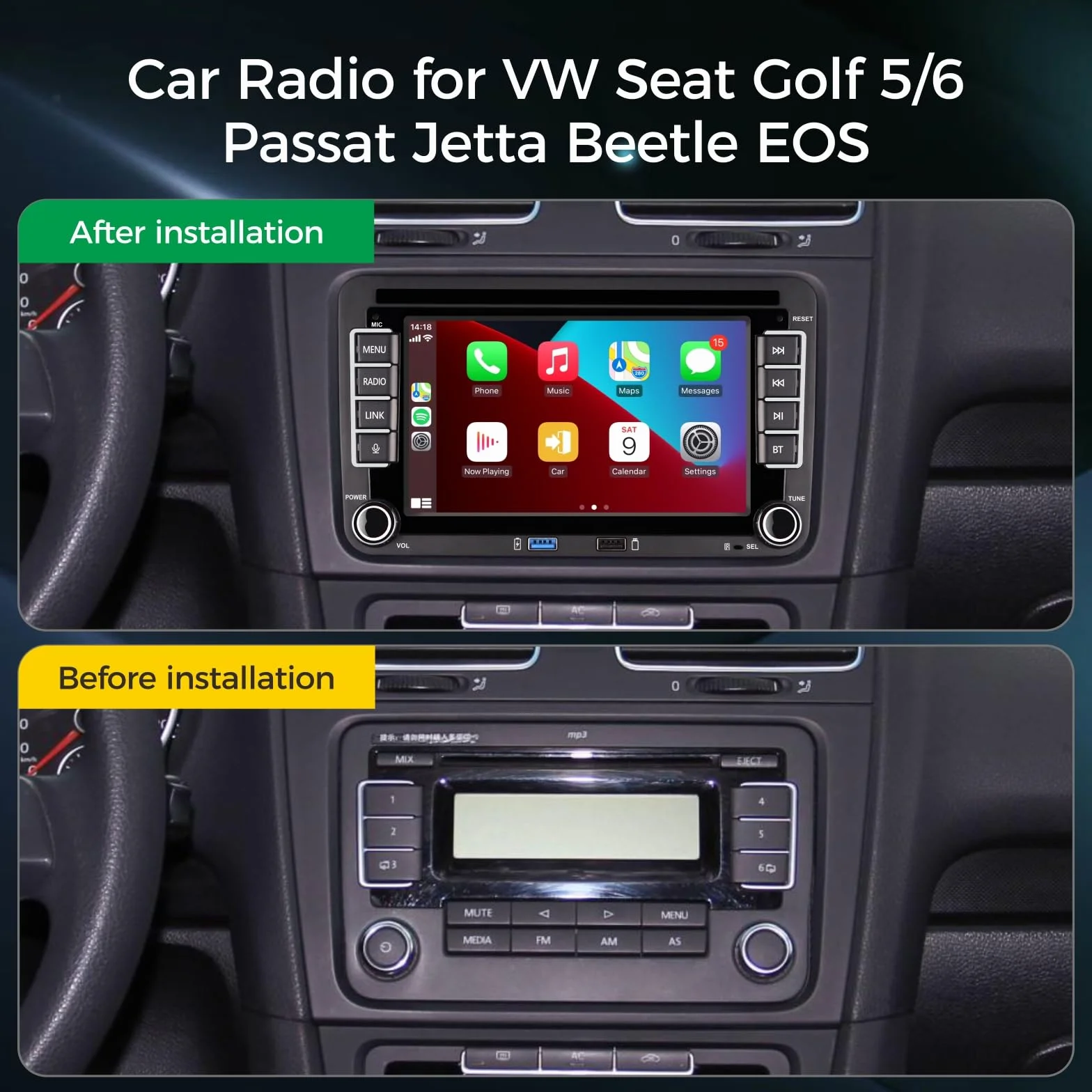 Radio samochodowe Plug & Play kompatybilne z VW Golf 5 6 Passat Jetta Polo RCD330 z CarPlay Android Auto bezprzewodowe Bluetooth radio FM