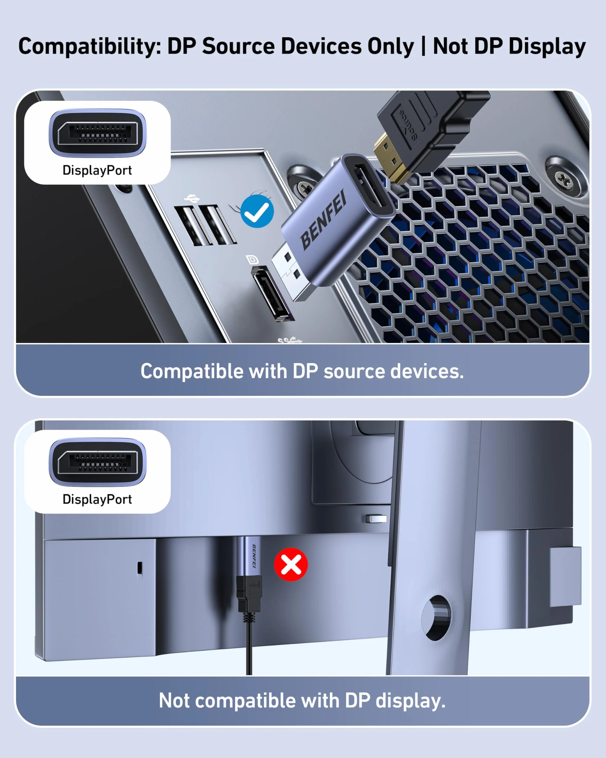 BENFEI Adapter DisplayPort na HDMI 4K 2-pak, jednokierunkowy konwerter ekranu DP 1.2 na HDMI 1.4, kompatybilny z laptopem, komputerem stacjonarnym, monitorem, HDTV, AMD/NVIDIA Graphics