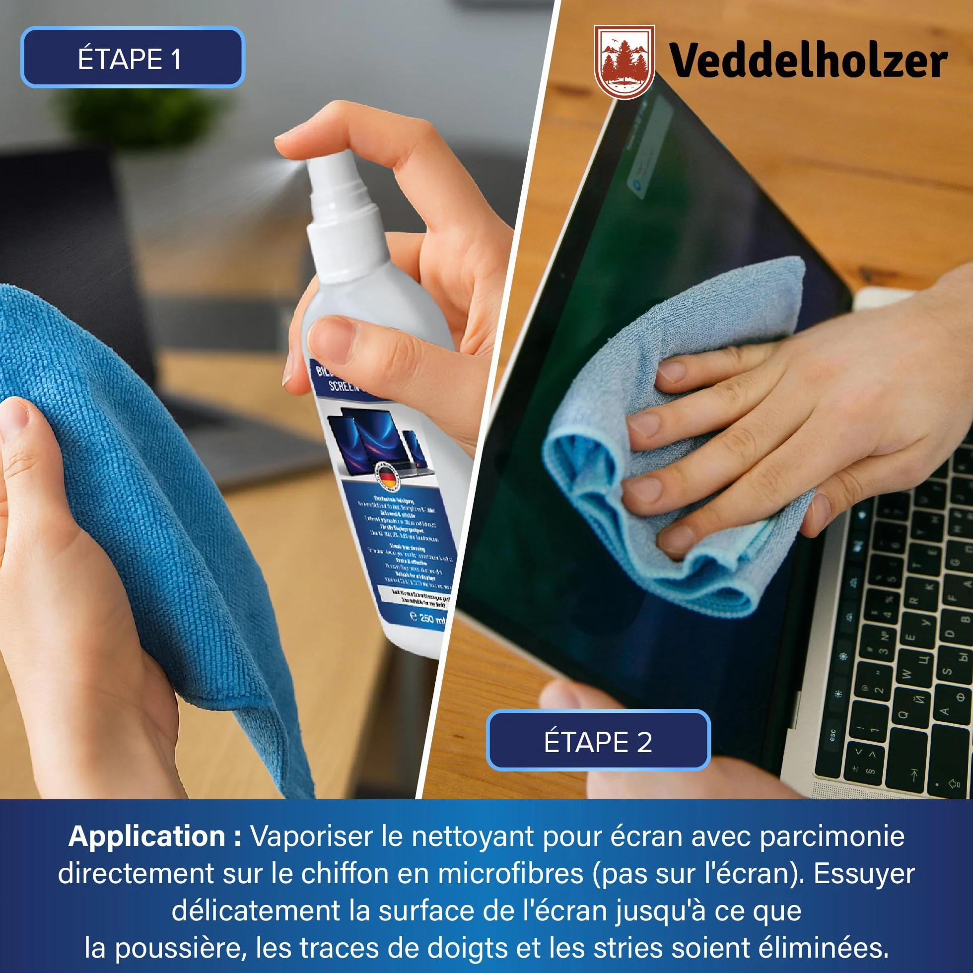 Veddelholzer Kit de Nettoyage pour écrans 250 ML avec Chiffon en Microfibre et Pinceau
