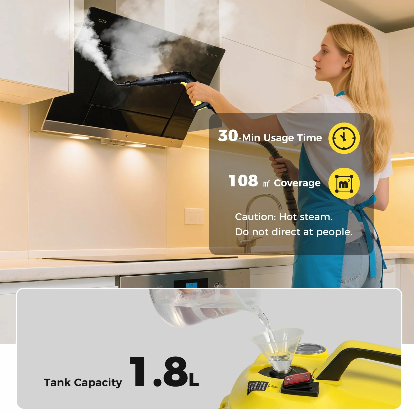 SOARS Nettoyeur Vapeur Puissant 2000W,14 Accessoires, Pression Max 5 Bar, Temp. 160°C, Chauffe Rapide 8 Min, Réservoir 1.8L, Pour Sol, Canapé, Cuisine, Surface 108 m² (Jaune)