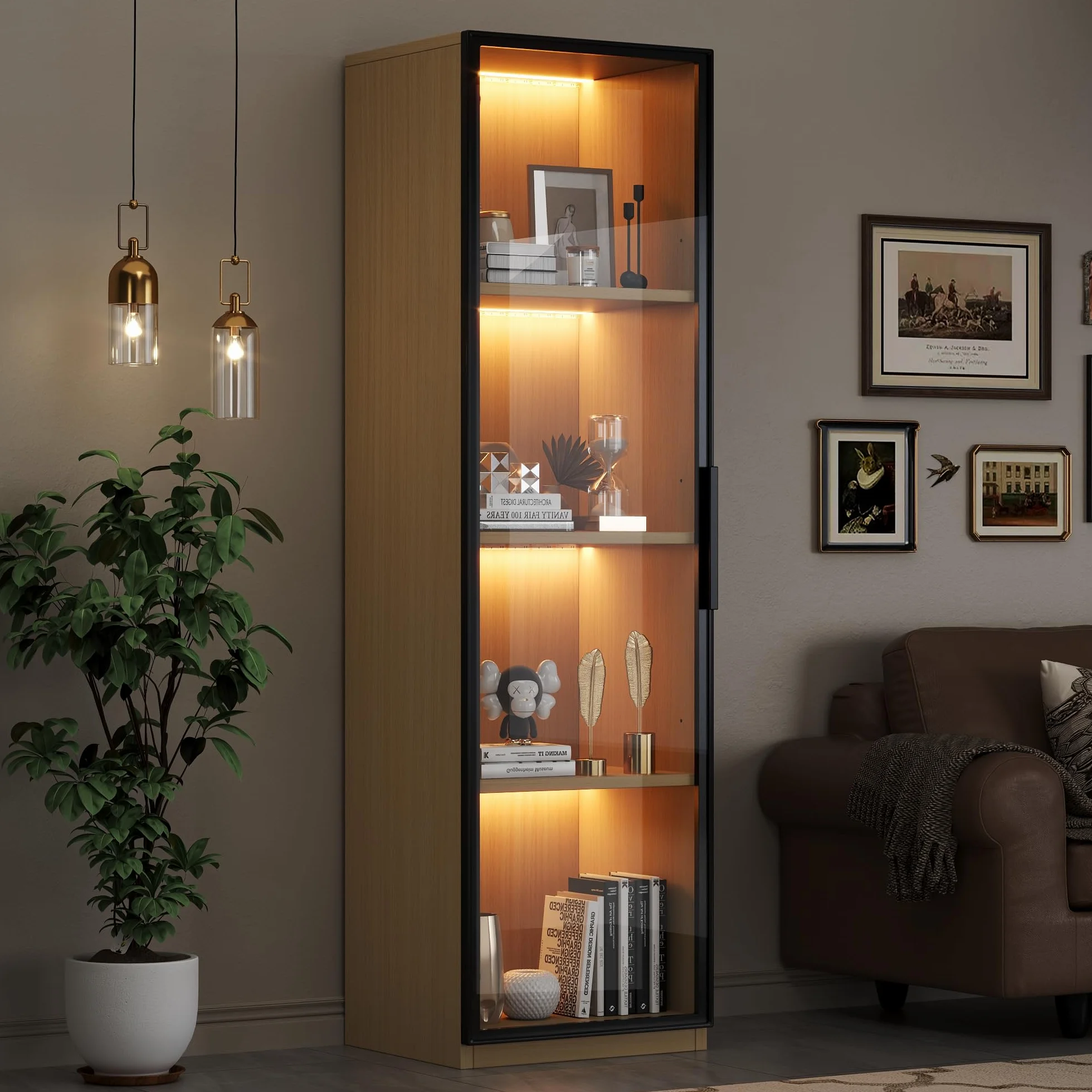 Merax Vitrine avec porte en verre 40×40×165 cm, meuble haut étroit en MDF aspect chêne, avec verre trempé, LED, meuble d'exposition pour salon bureau, couleur bois