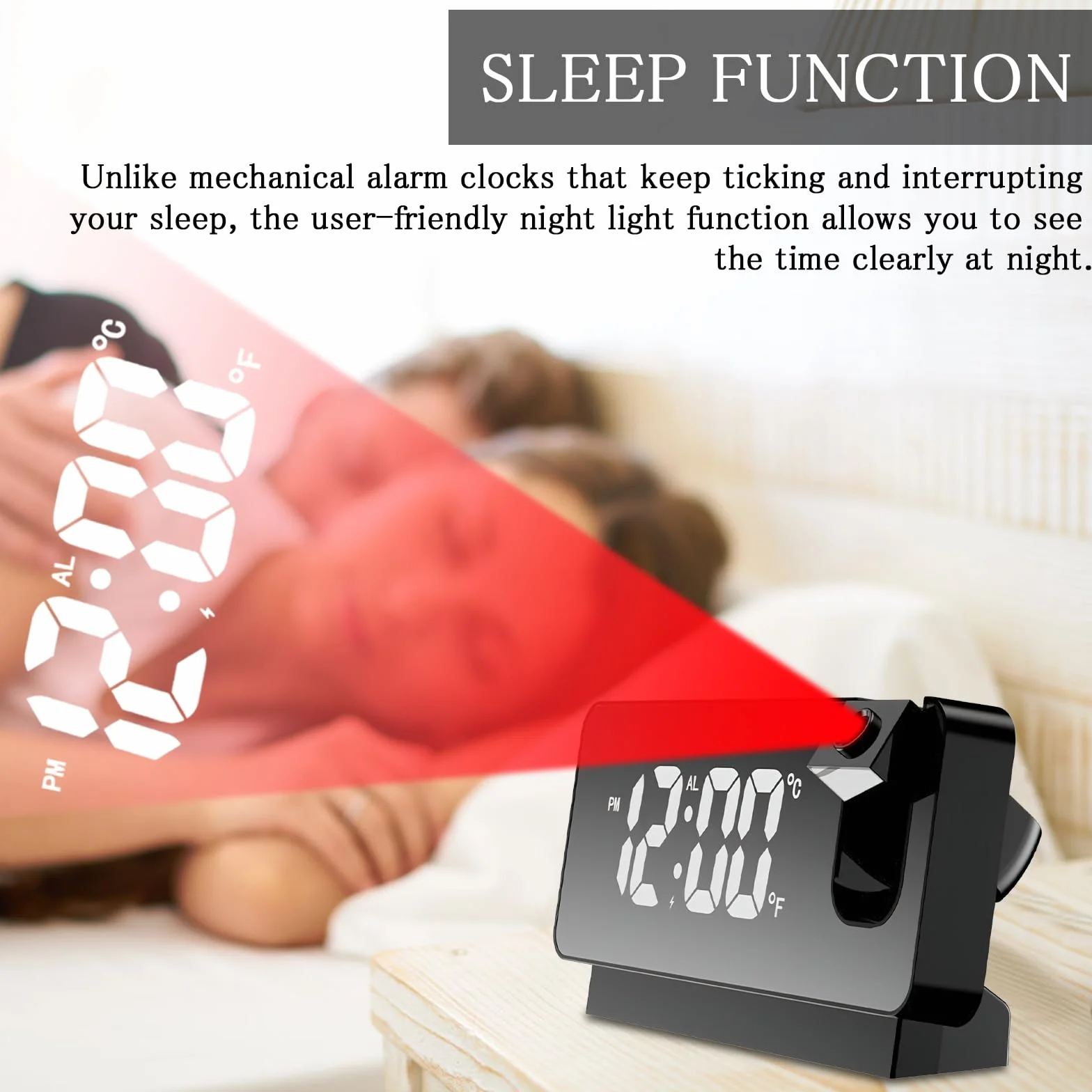 TNSLAND Réveil à Projection LED numérique 180° avec Snooze, Double Gong, Température USB