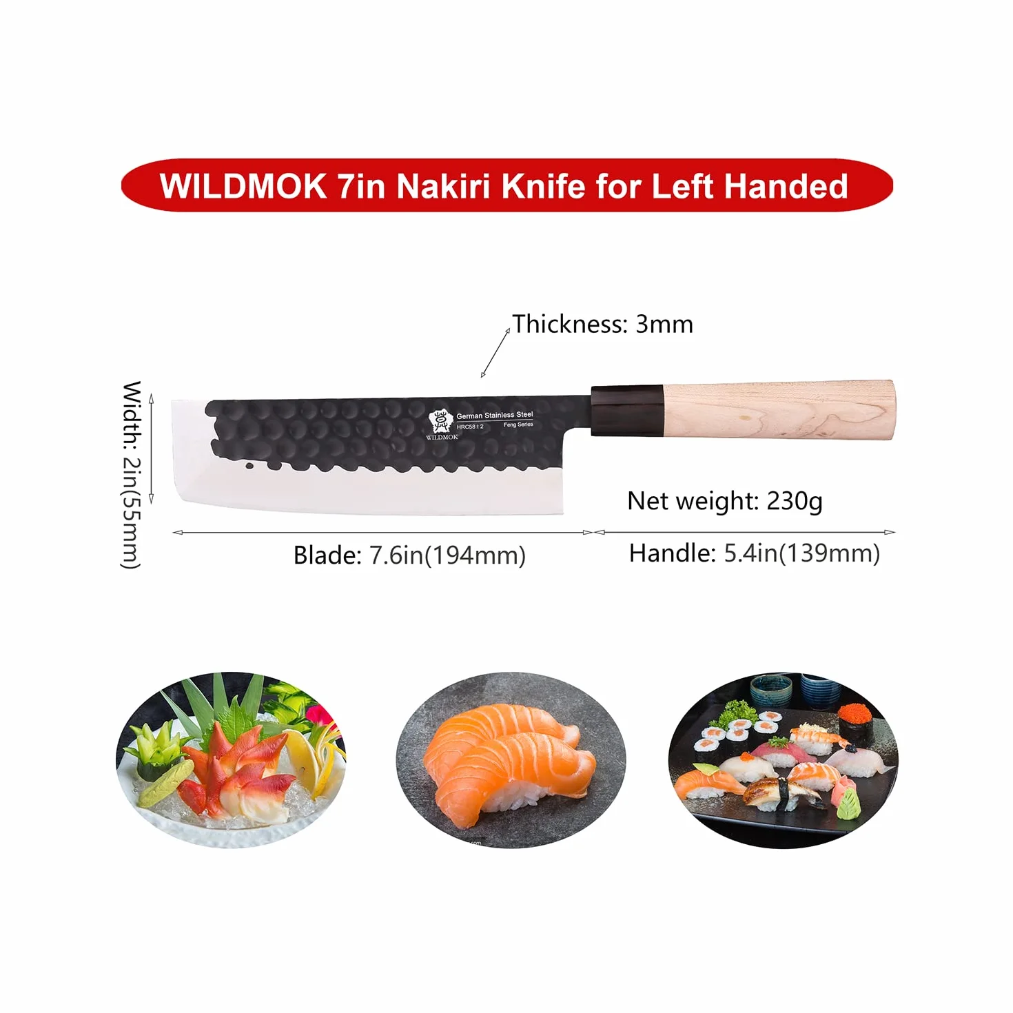 WILDMOK Couteau Nakiri 19.4 cm, Couteau à Légumes Allemand en Acier Inoxydable, Couteau de Chef Asiatique Usuba Pour Gaucher