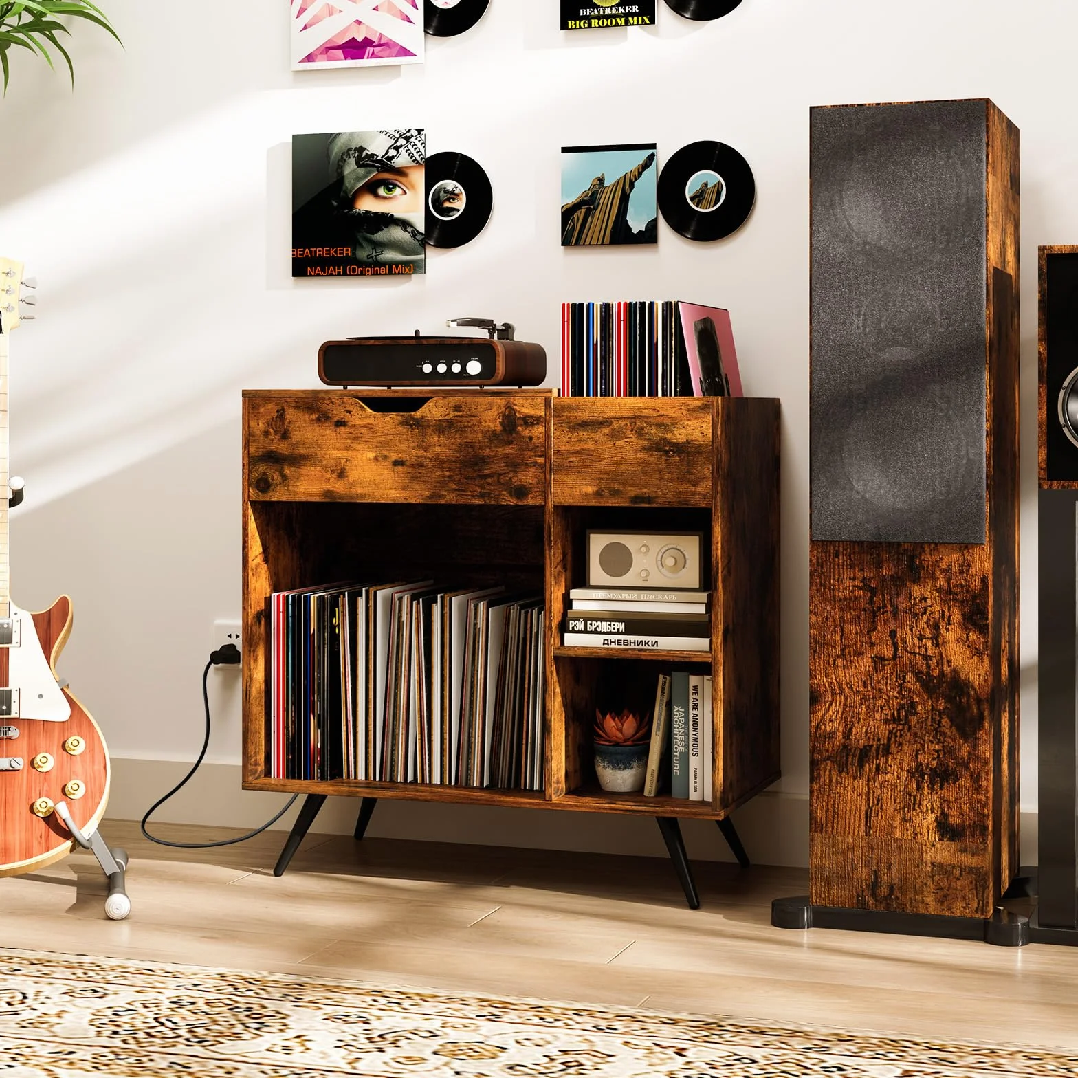 KOMFOTTEU Meuble Platine Vinyle avec Station de Charge, Support de Tourne-Disque avec 4 Compartiments Semi-Ouverts et 1 Tiroir, Meuble Tourne-Disque,80 x 40 x 79 cm, Style Industriel