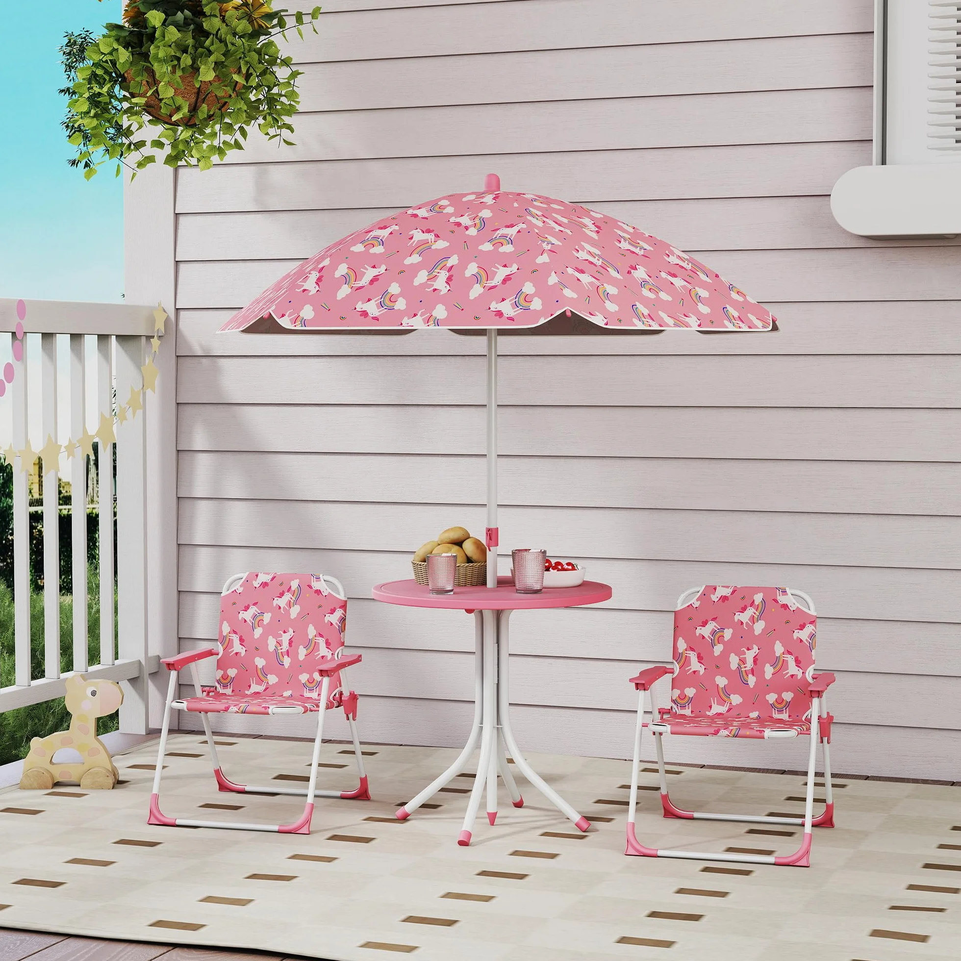 AIYAPLAY Ensemble Salon de Jardin Enfant Table avec Chaise 4 Pièces Motif Éléphant Girafe Parasol Réglable Ø 100 cm Pliable Rose