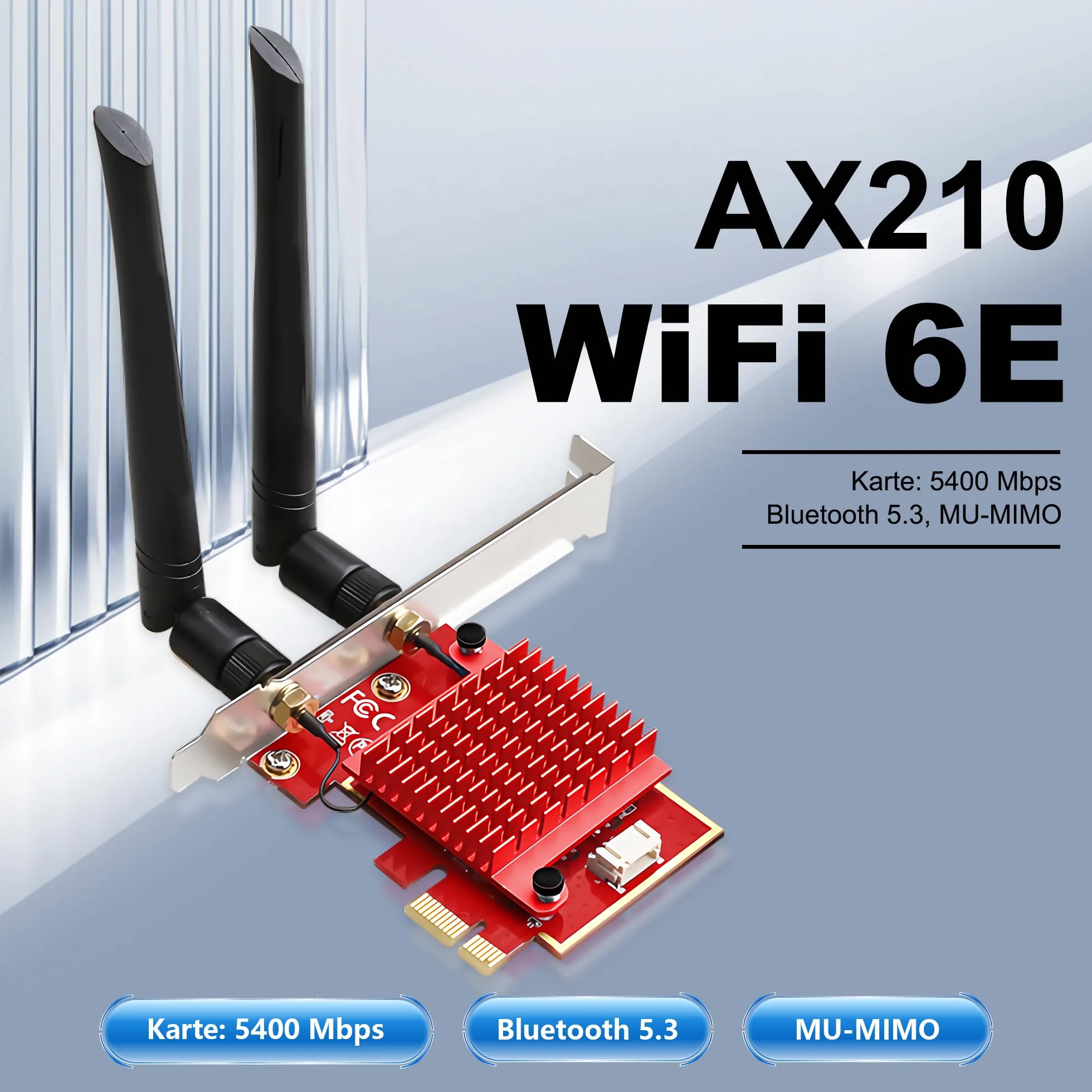 Karta sieciowa WiFi 6E PCIe, Intel AX210, 5400 Mbps Tri-Band (2.4/5/6GHz), Bluetooth 5.3, ultraniskie opóźnienie dla Windows 10/11, adapter Wi-Fi do komputera stacjonarnego