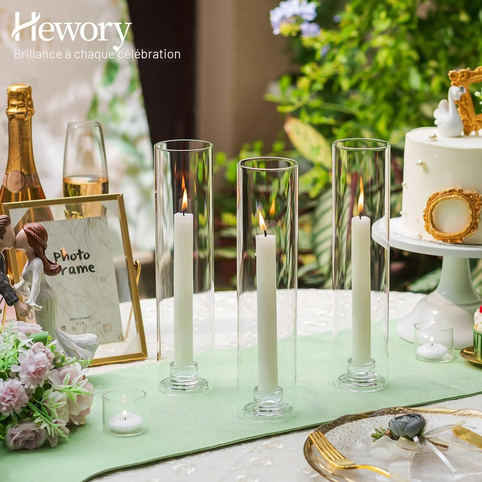 Hewory Bougeoirs en verre à ouragan : Ensemble de 6 supports à bougies transparents pour pièces maîtresses de table de mariage, grands bougeoirs pour décoration de Noël, fête en plein air
