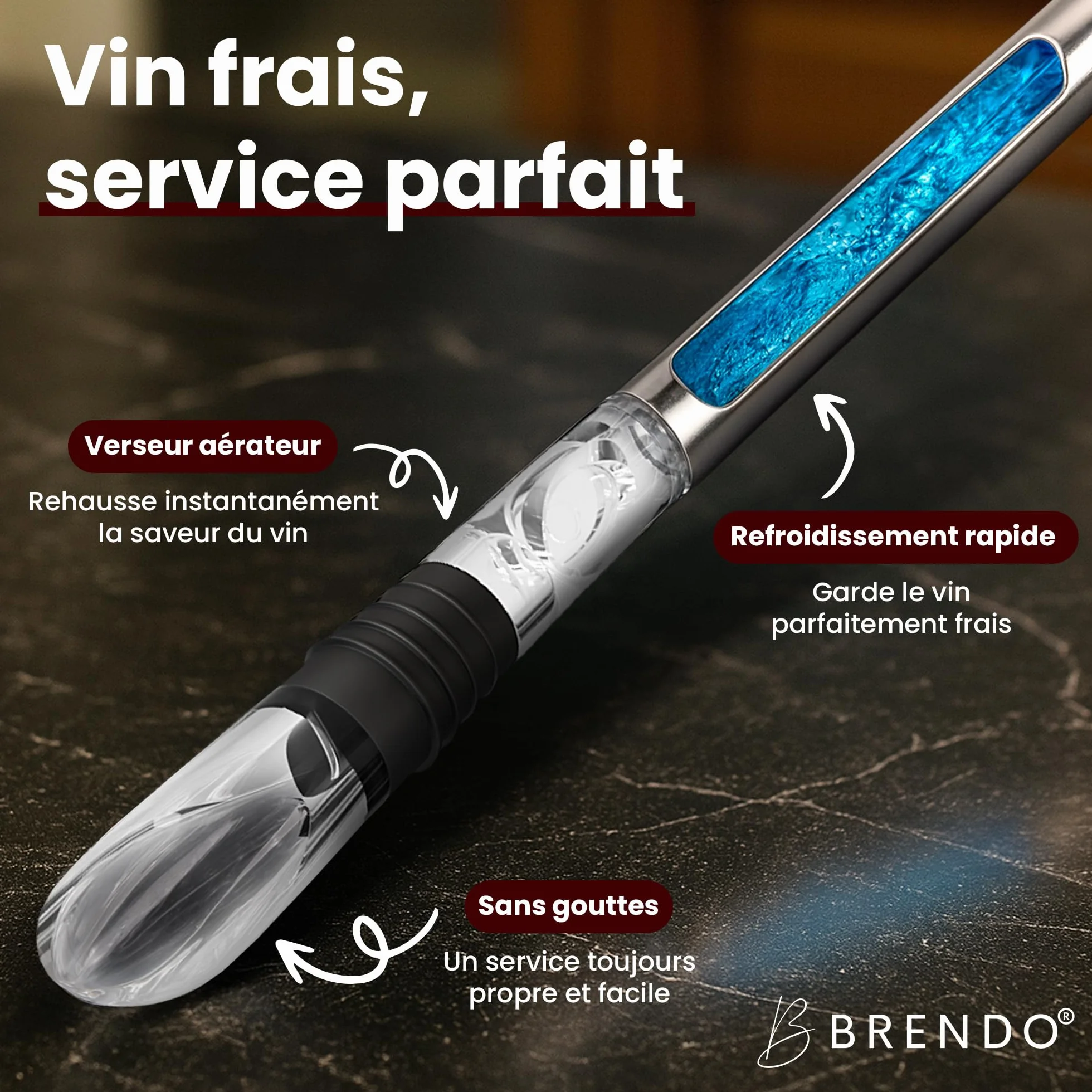 Brendo Rafraîchisseur de Vin 4-en-1 Tige de Refroidissement en Acier Inoxydable 2 Longueurs + Bec Verseur + Décanteur + Bouchon