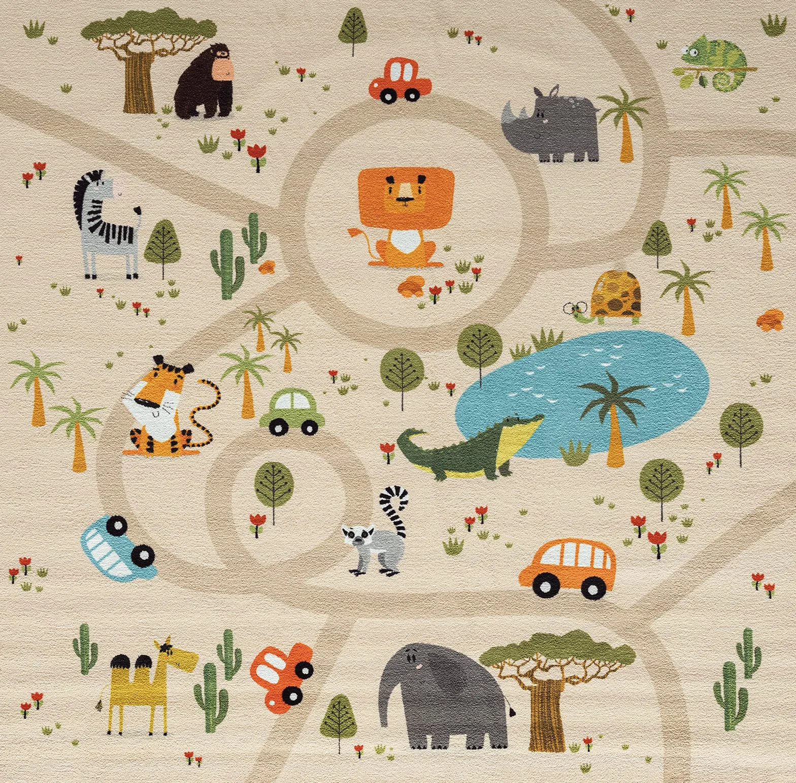 Tapis de Jeu Happy Life Rond Beige 160 x 160 cm Motif Route Animaux Voitures Enfants