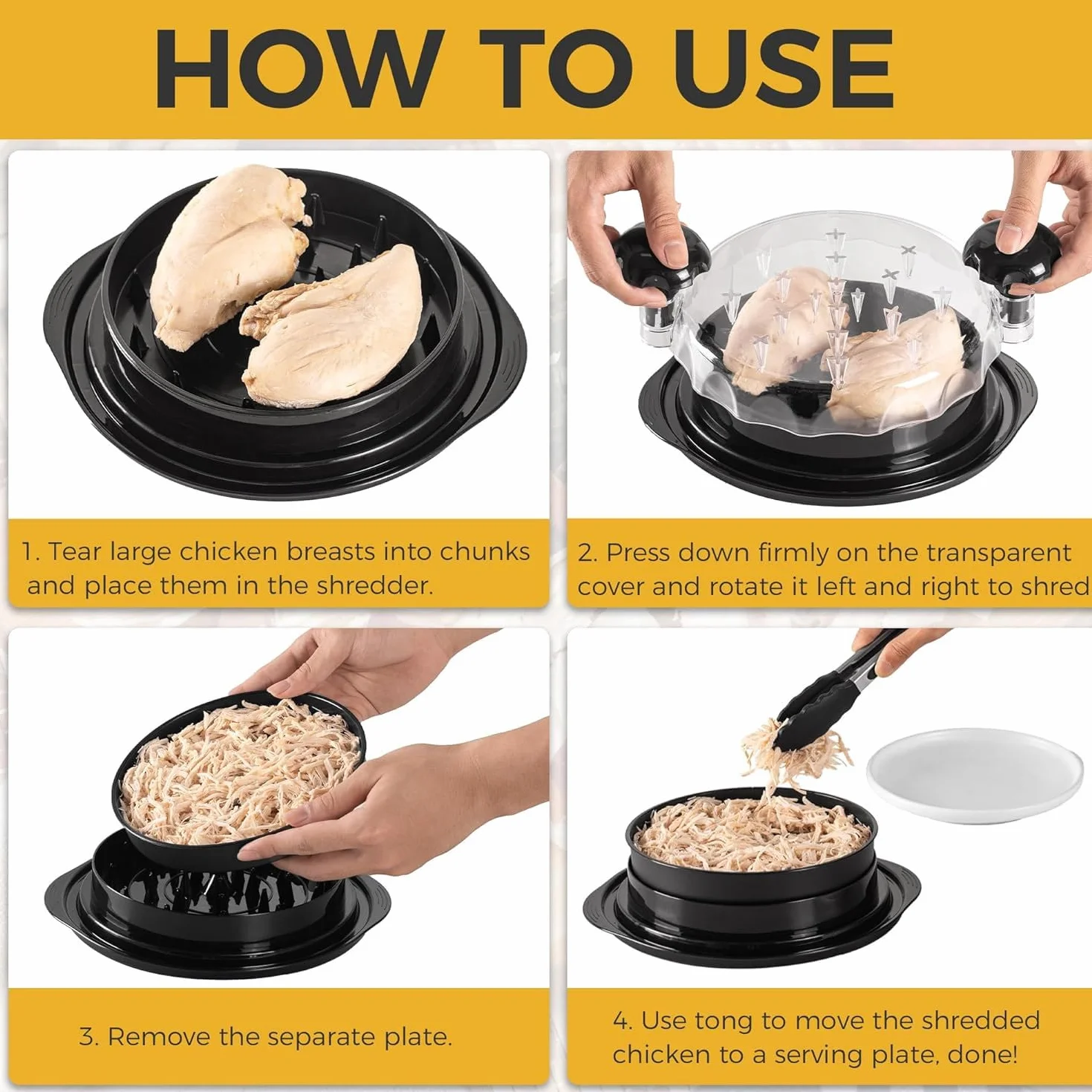 Broyeur de poulet outil déchiquetage viande poignées sans BPA antidérapant couvercle transparent 25 cm noir